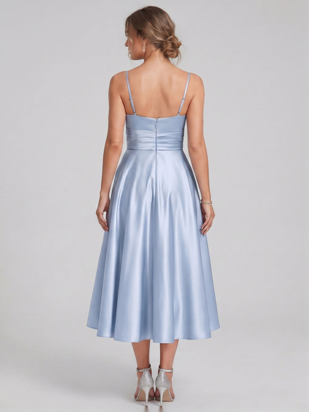 Simple Mist Satin A-Line Straight Neck Back Zip with nan Knee-Length Bridesmaid Dress