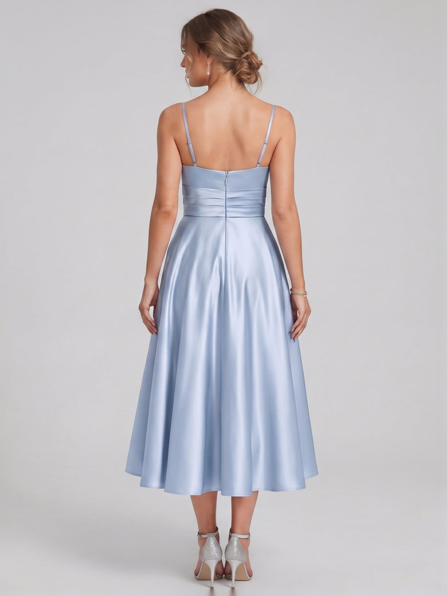 Simple Mist Satin A-Line Straight Neck Back Zip with nan Knee-Length Bridesmaid Dress