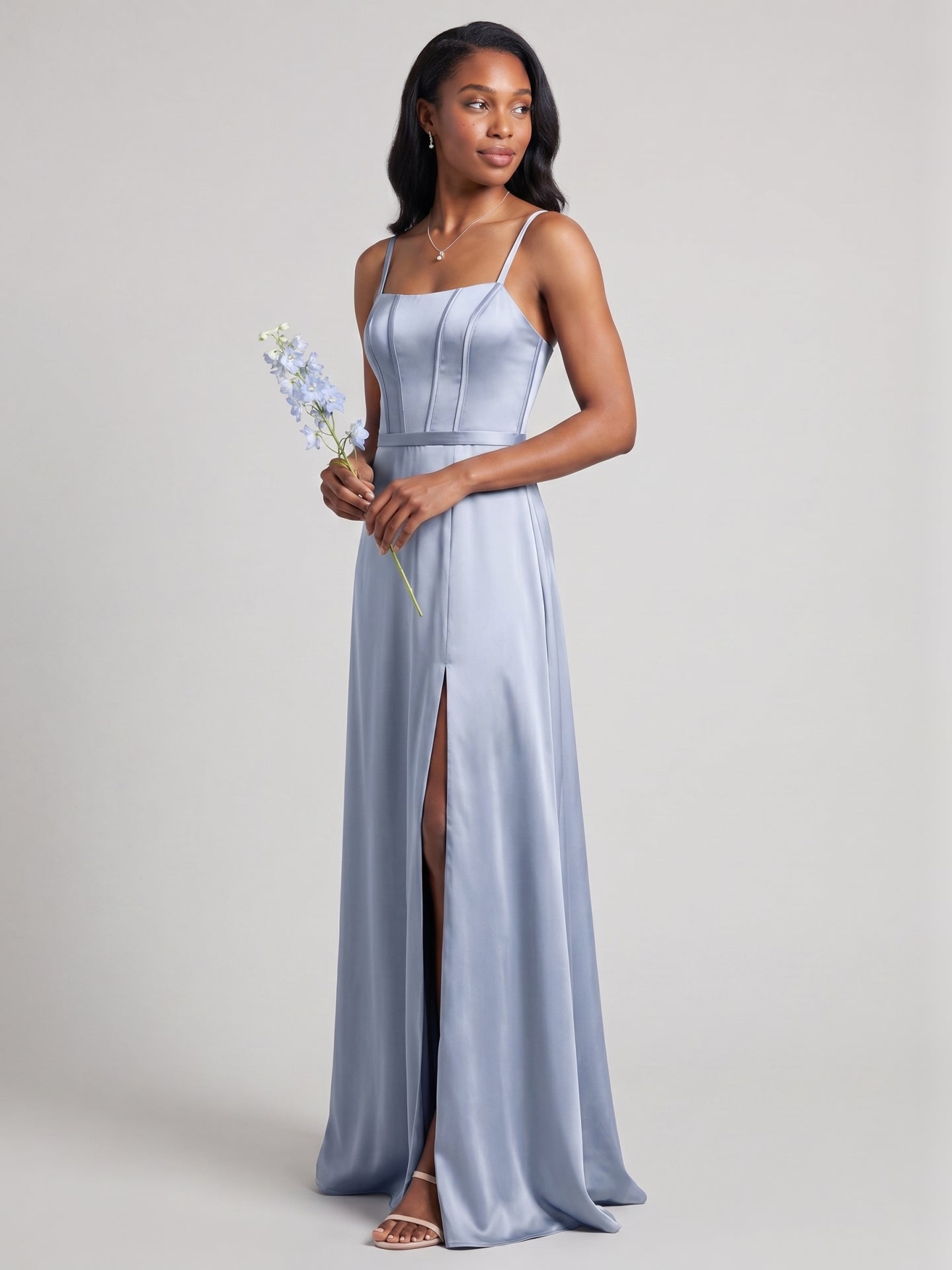 Simple Mist Satin A-Line Straight Neck Backless Ankle-Length Bridesmaid Dress