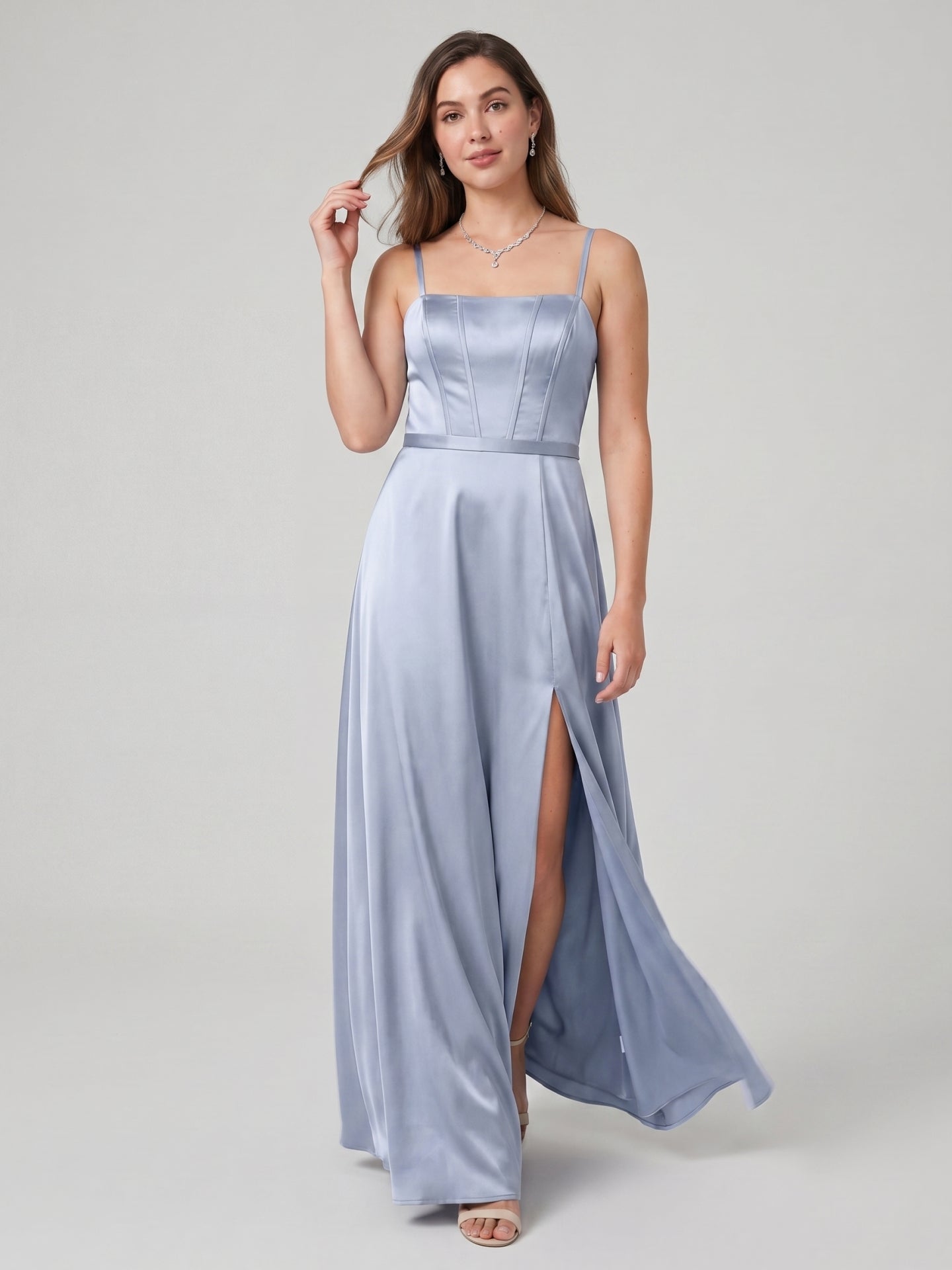 Simple Mist Satin A-Line Straight Neck Backless Ankle-Length Bridesmaid Dress
