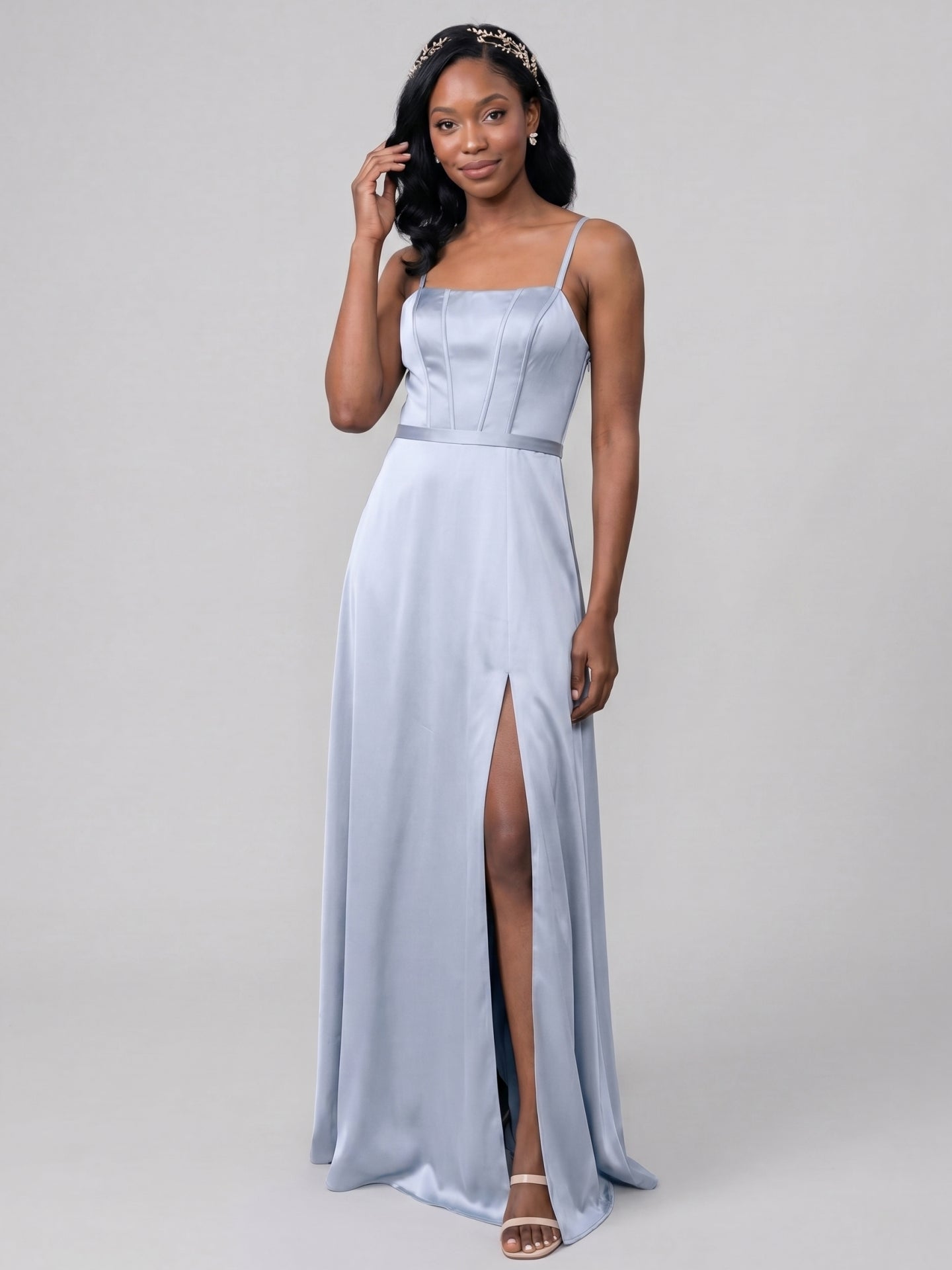 Simple Mist Satin A-Line Straight Neck Backless Ankle-Length Bridesmaid Dress