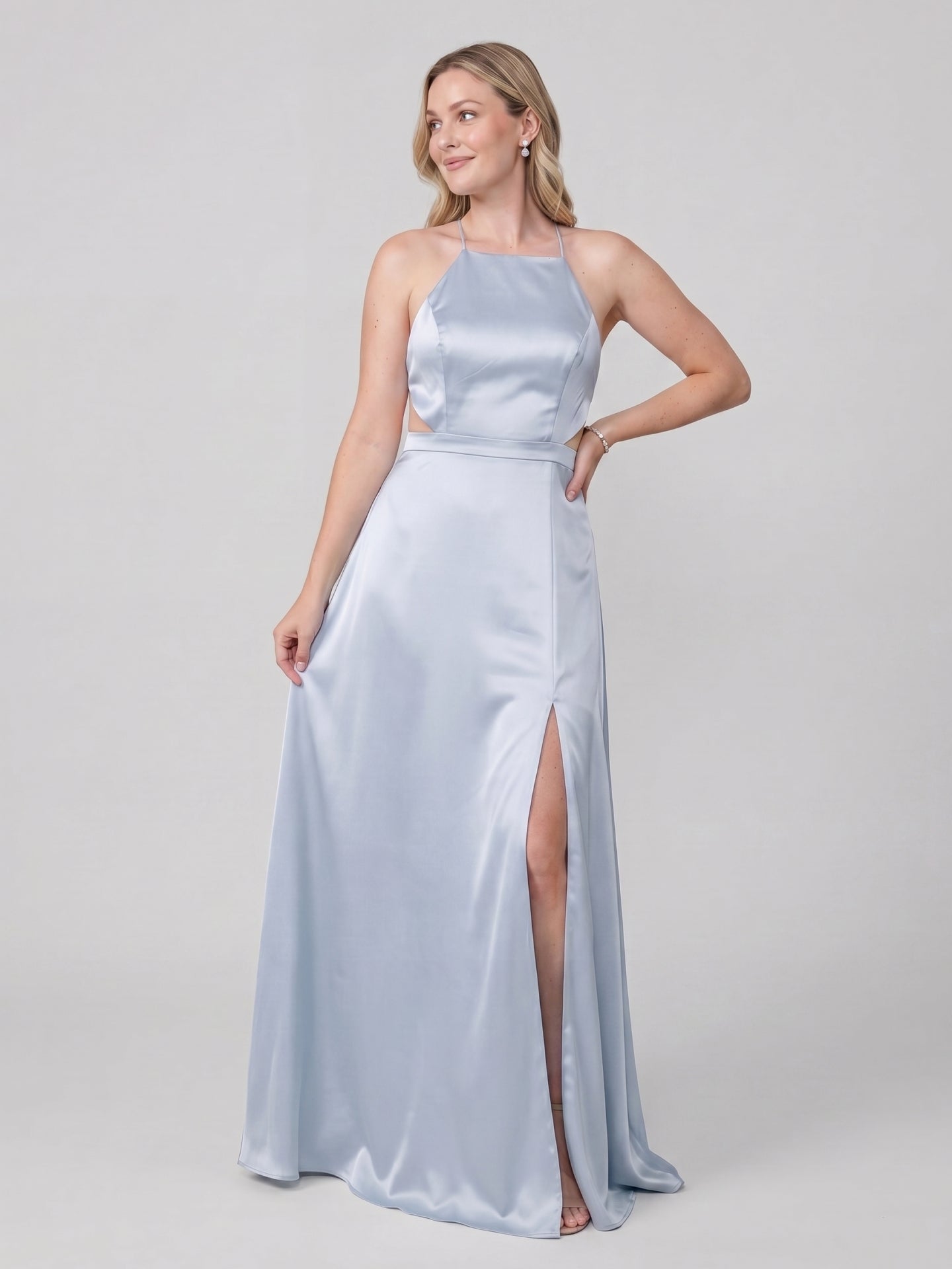 Simple Mist Satin Sheath Halter neckline  Ankle-Length Bridesmaid Dress