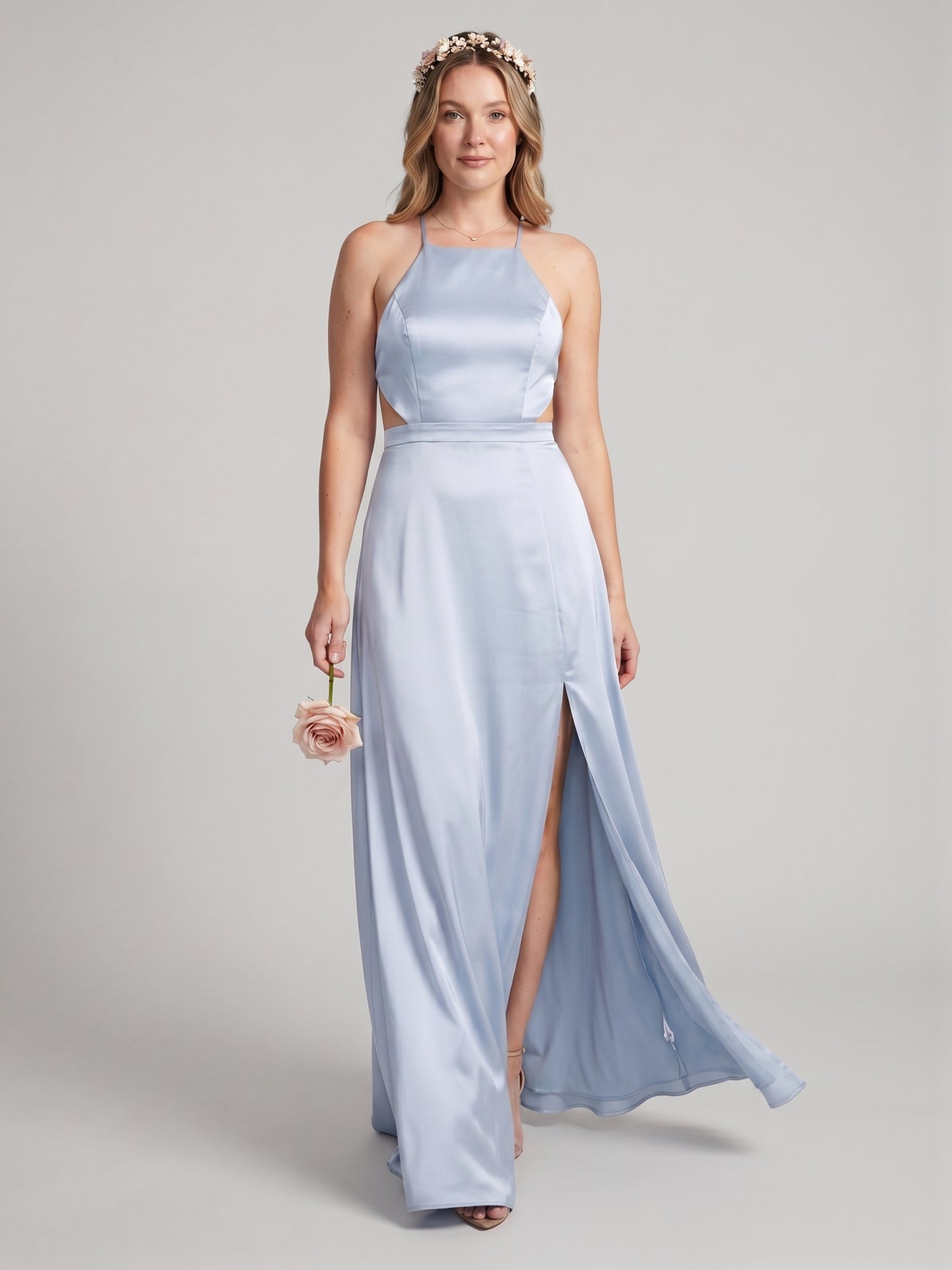 Simple Mist Satin Sheath Halter neckline  Ankle-Length Bridesmaid Dress