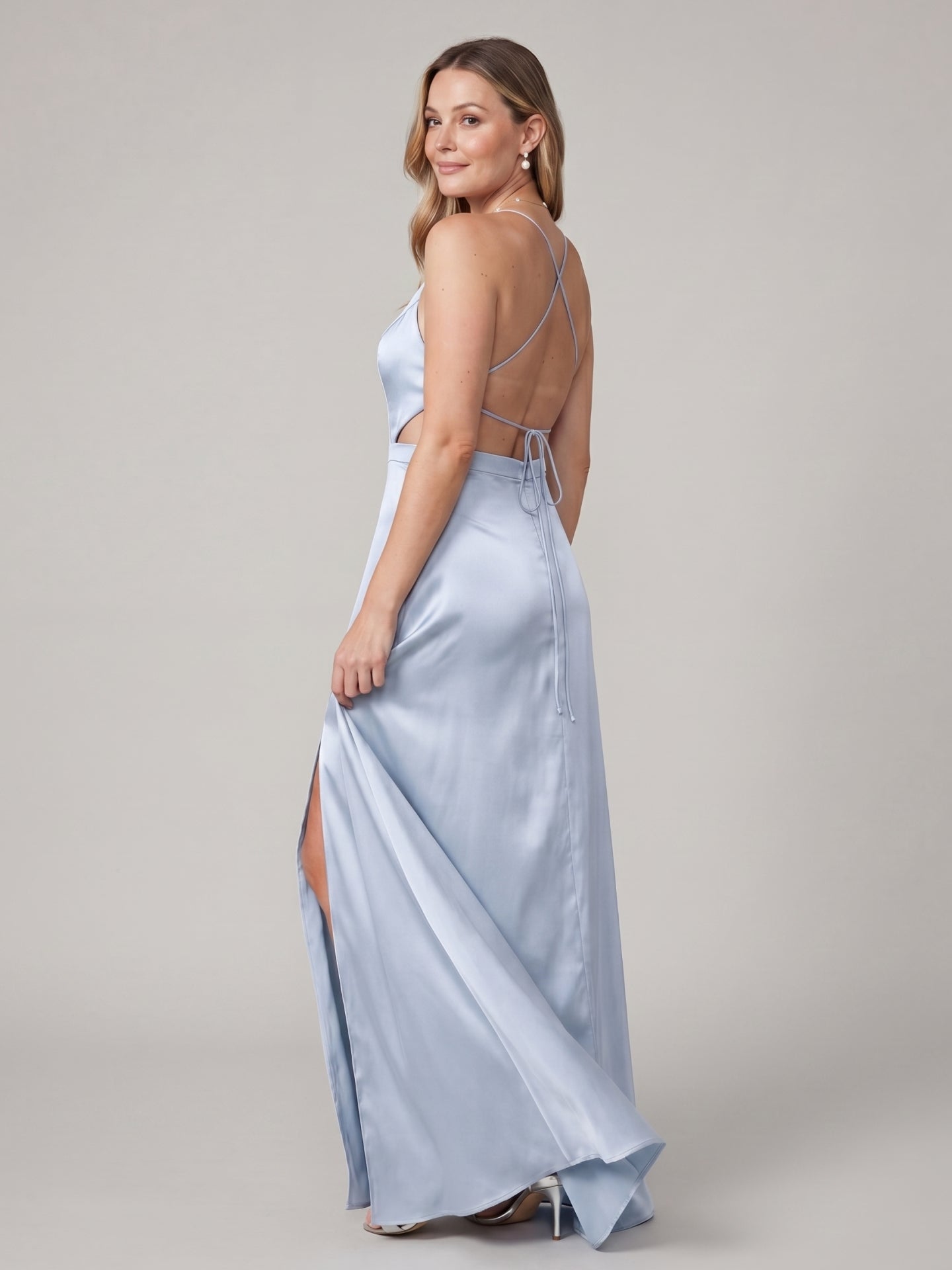 Simple Mist Satin Sheath Halter neckline  Ankle-Length Bridesmaid Dress