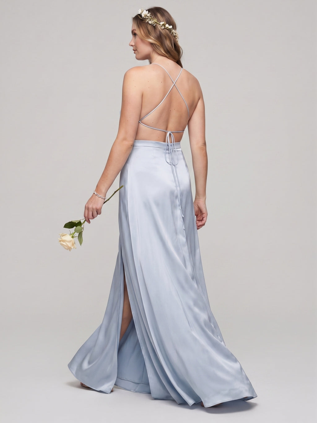 Simple Mist Satin Sheath Halter neckline  Ankle-Length Bridesmaid Dress