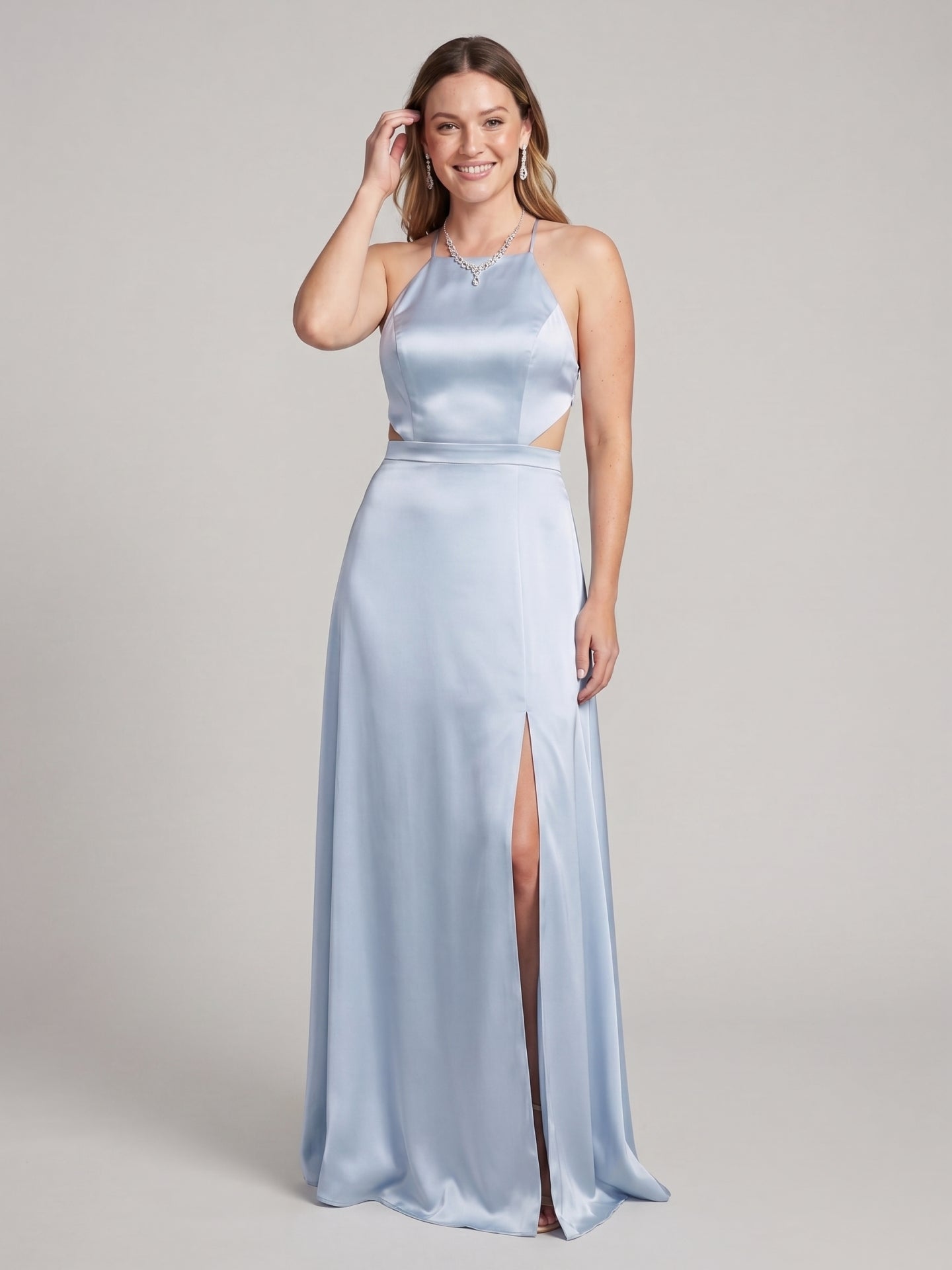 Simple Mist Satin Sheath Halter neckline  Ankle-Length Bridesmaid Dress