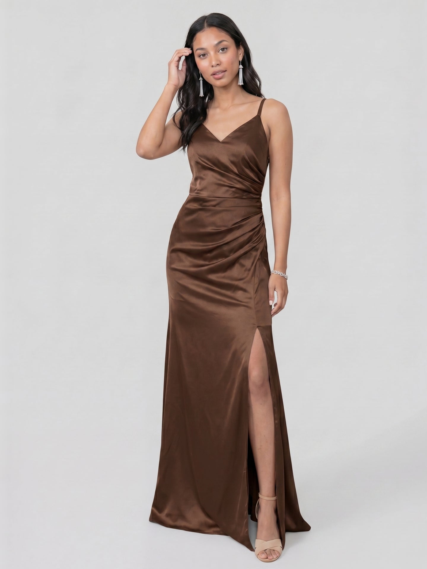 Simple Mocha Satin Sheath V-Neck Back Zip with Pleated Ankle-Length Bridesmaid Dress