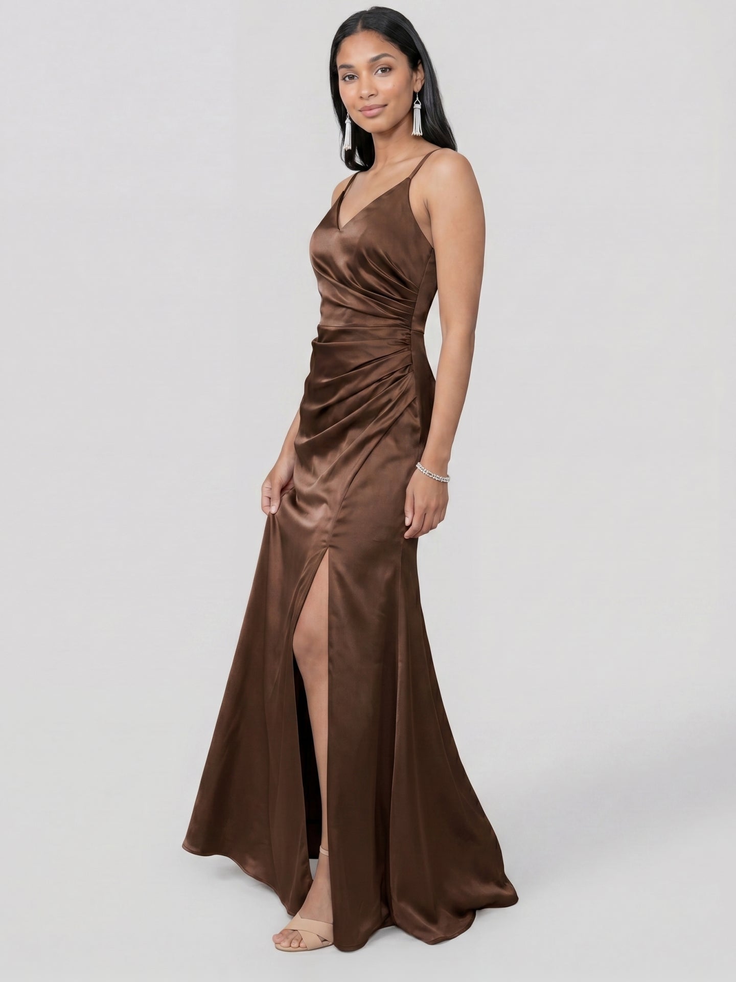Simple Mocha Satin Sheath V-Neck Back Zip with Pleated Ankle-Length Bridesmaid Dress