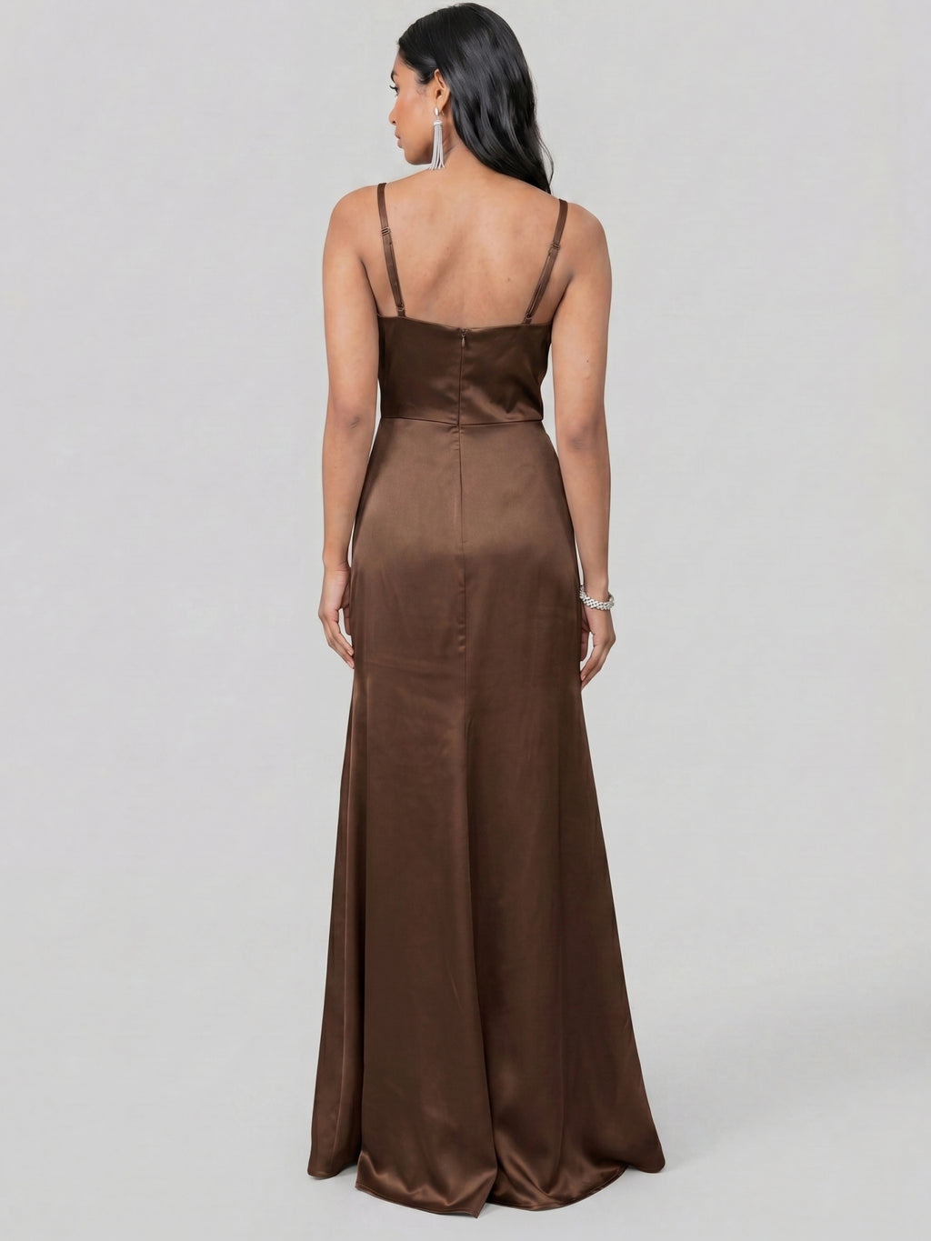 Simple Mocha Satin Sheath V-Neck Back Zip with Pleated Ankle-Length Bridesmaid Dress