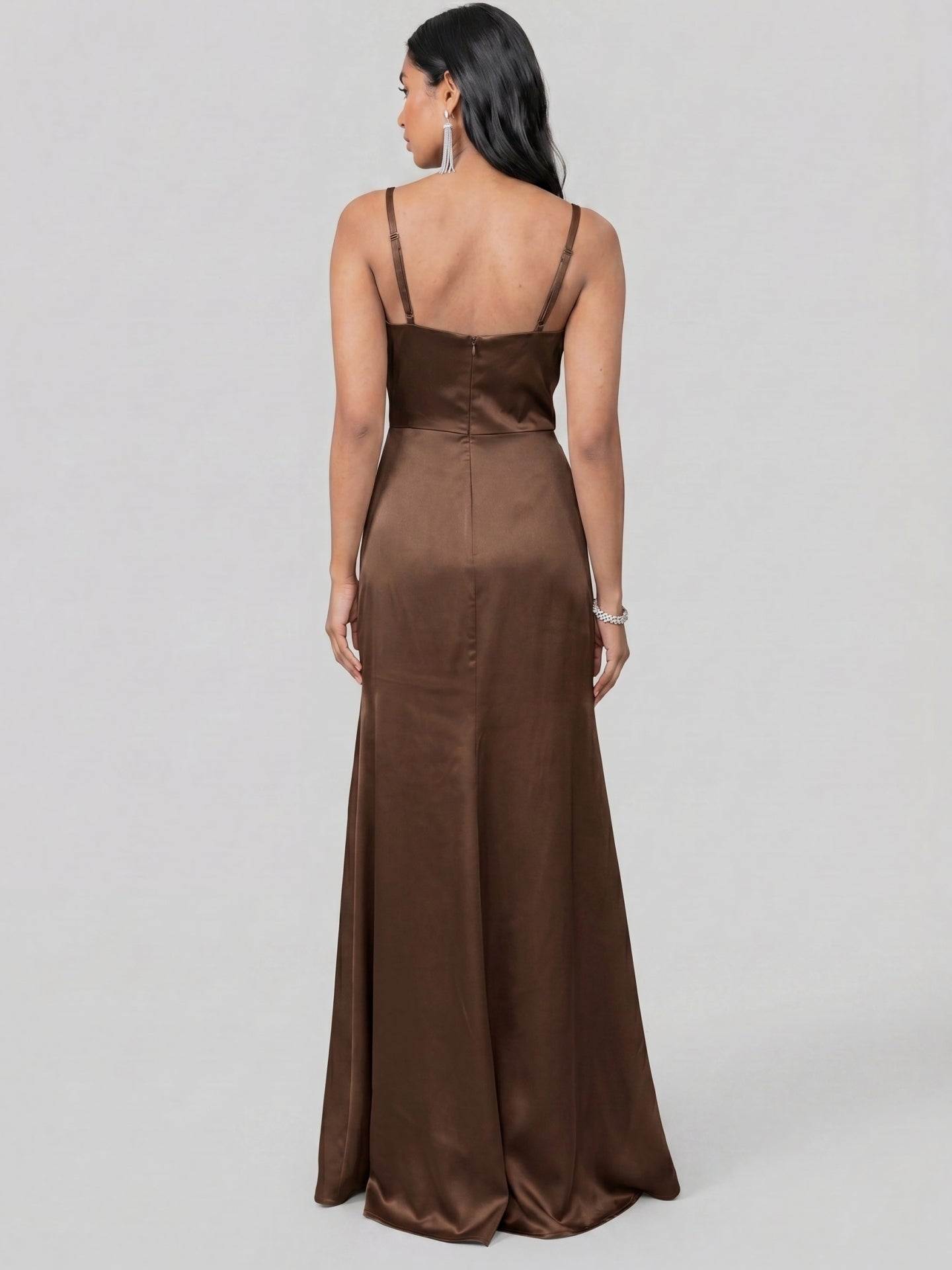 Simple Mocha Satin Sheath V-Neck Back Zip with Pleated Ankle-Length Bridesmaid Dress
