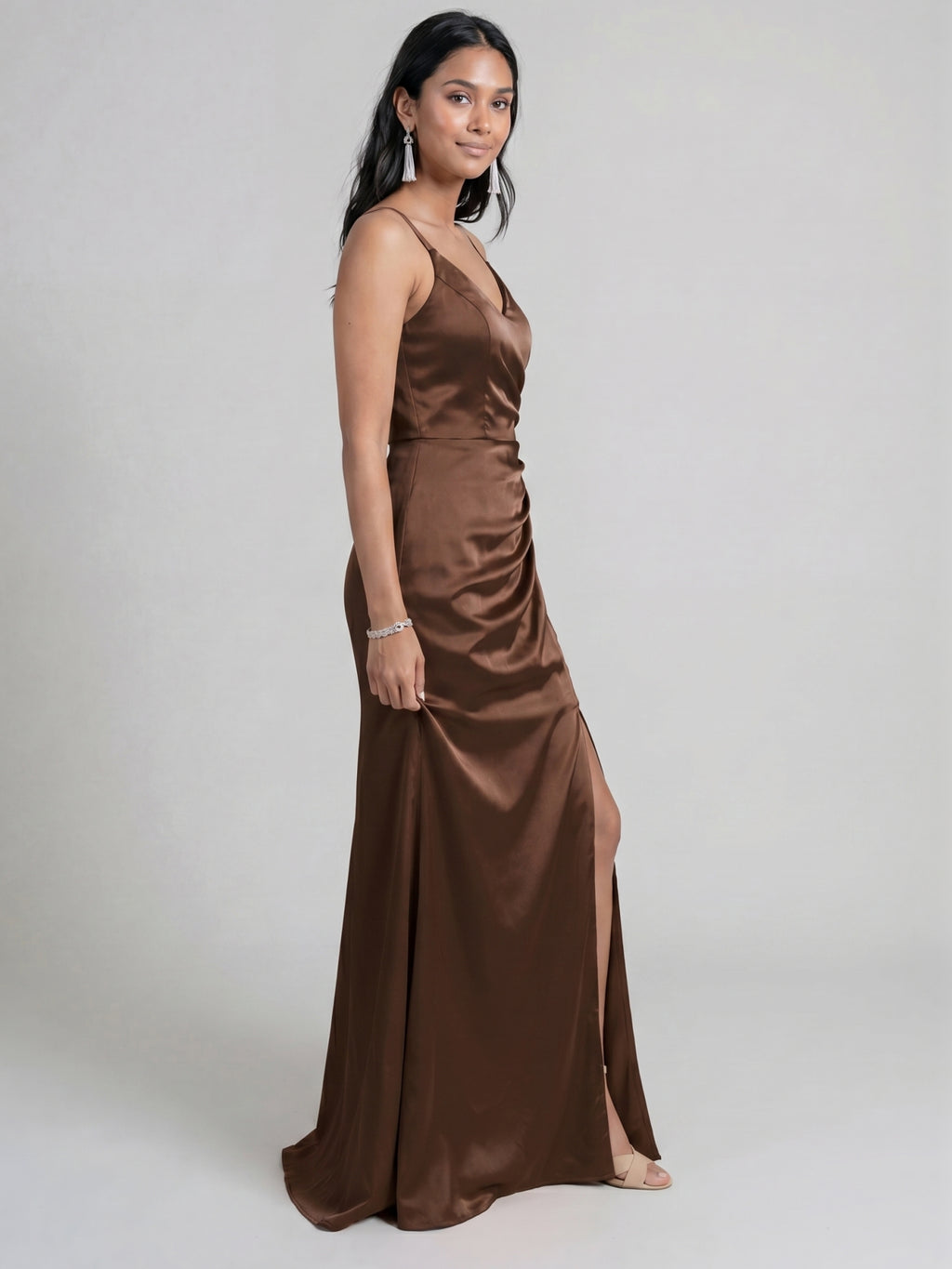 Simple Mocha Satin Sheath V-Neck Back Zip with Pleated Ankle-Length Bridesmaid Dress