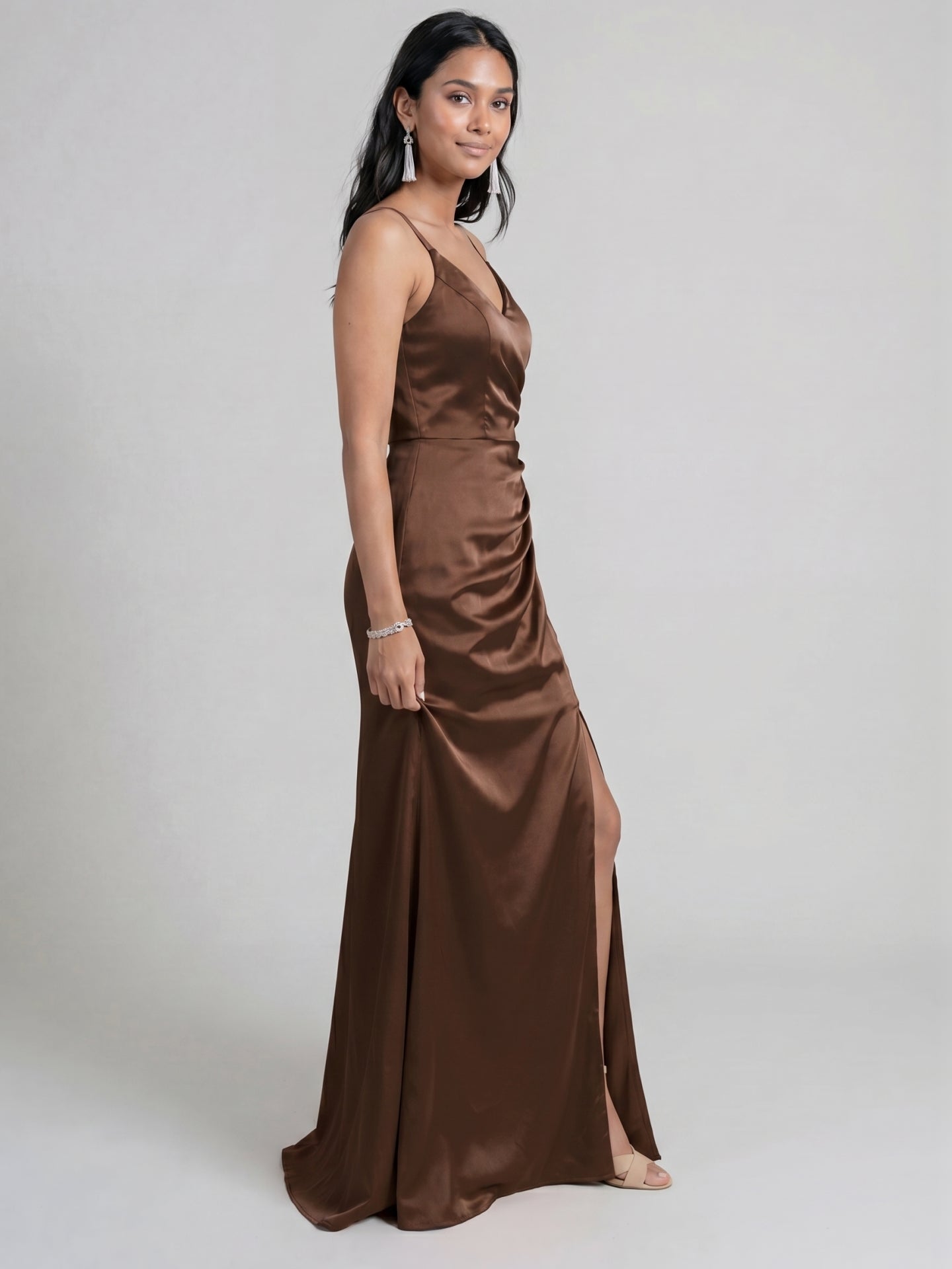 Simple Mocha Satin Sheath V-Neck Back Zip with Pleated Ankle-Length Bridesmaid Dress