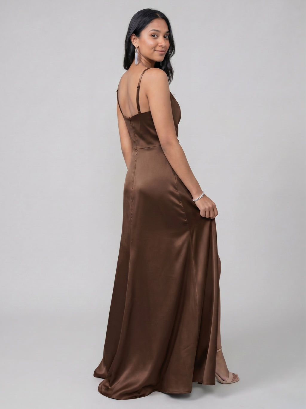 Simple Mocha Satin Sheath V-Neck Back Zip with Pleated Ankle-Length Bridesmaid Dress