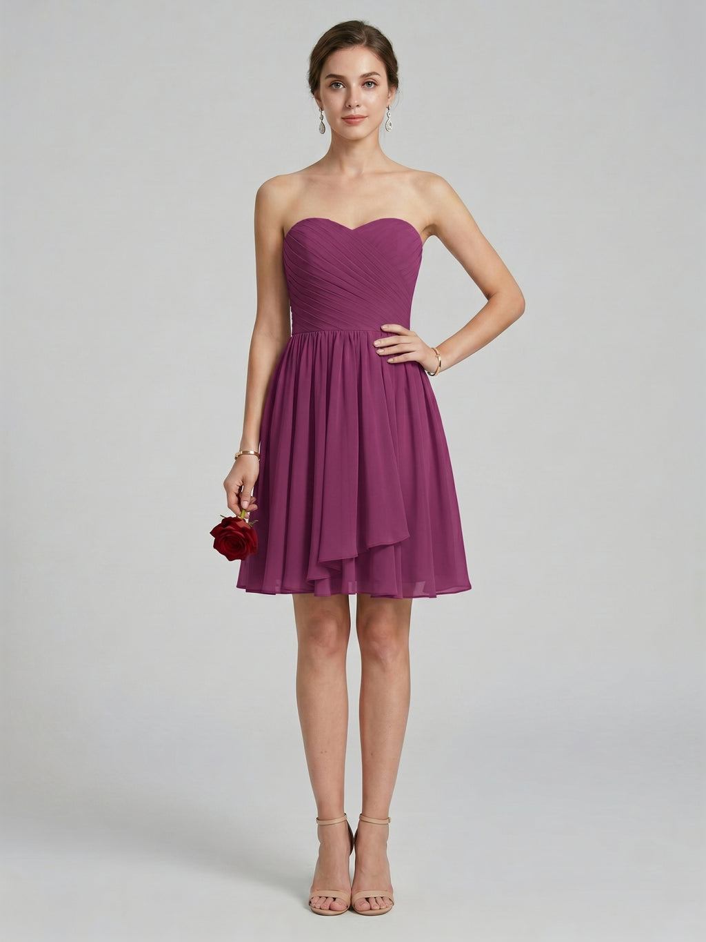 Simple Mulberry Chiffon A-Line Sweetheart Back Zip with Pleated Knee-Length Bridesmaid Dress