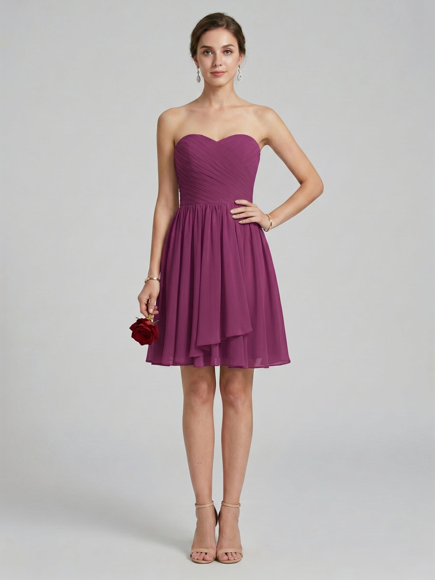 Simple Mulberry Chiffon A-Line Sweetheart Back Zip with Pleated Knee-Length Bridesmaid Dress