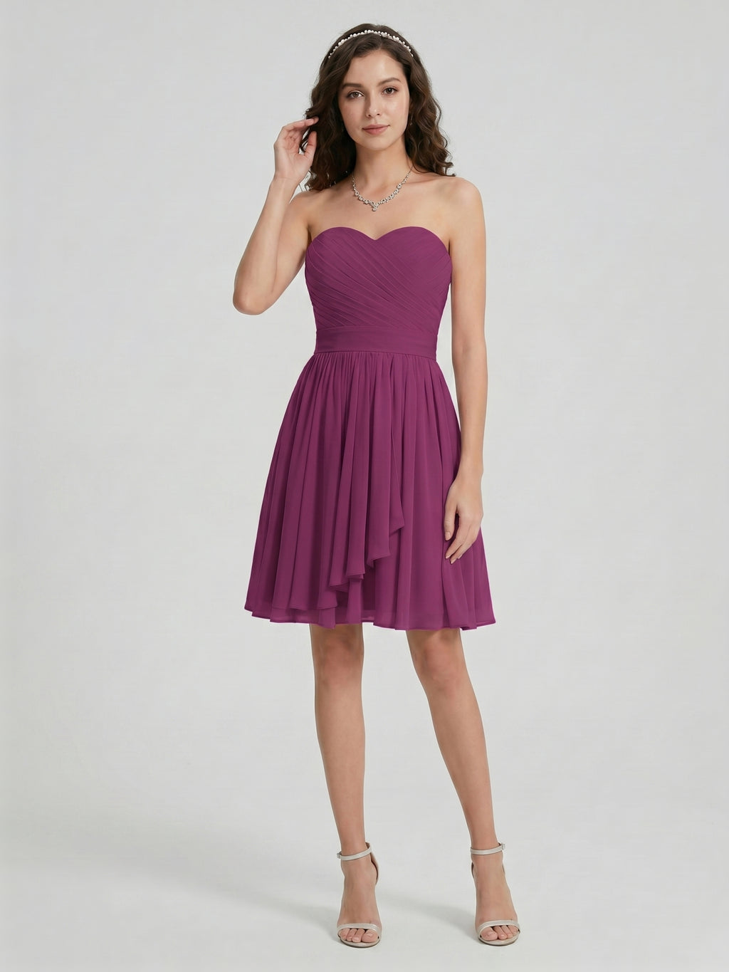 Simple Mulberry Chiffon A-Line Sweetheart Back Zip with Pleated Knee-Length Bridesmaid Dress