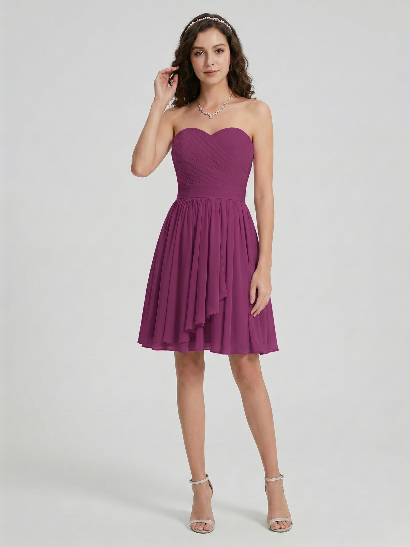 Simple Mulberry Chiffon A-Line Sweetheart Back Zip with Pleated Knee-Length Bridesmaid Dress
