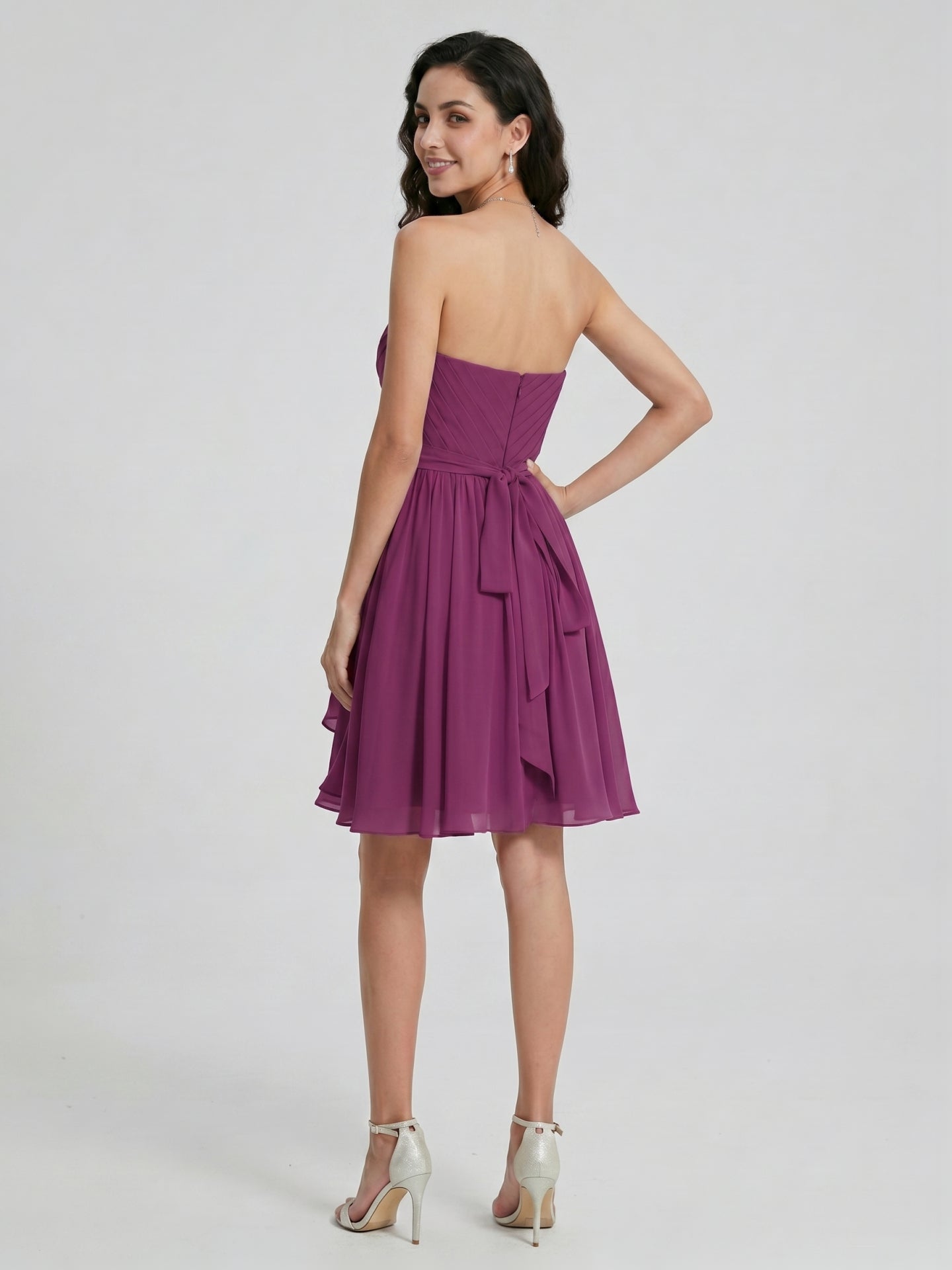 Simple Mulberry Chiffon A-Line Sweetheart Back Zip with Pleated Knee-Length Bridesmaid Dress