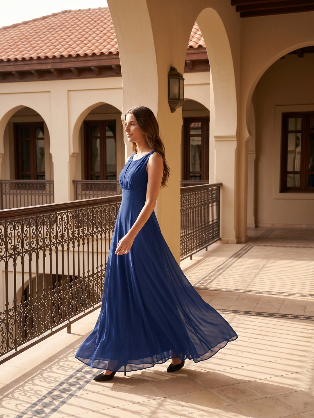 Simple Navy Blue Chiffon A-Line Scoop Neck V-Back with Bow Accent Ankle-Length Bridesmaid Dress