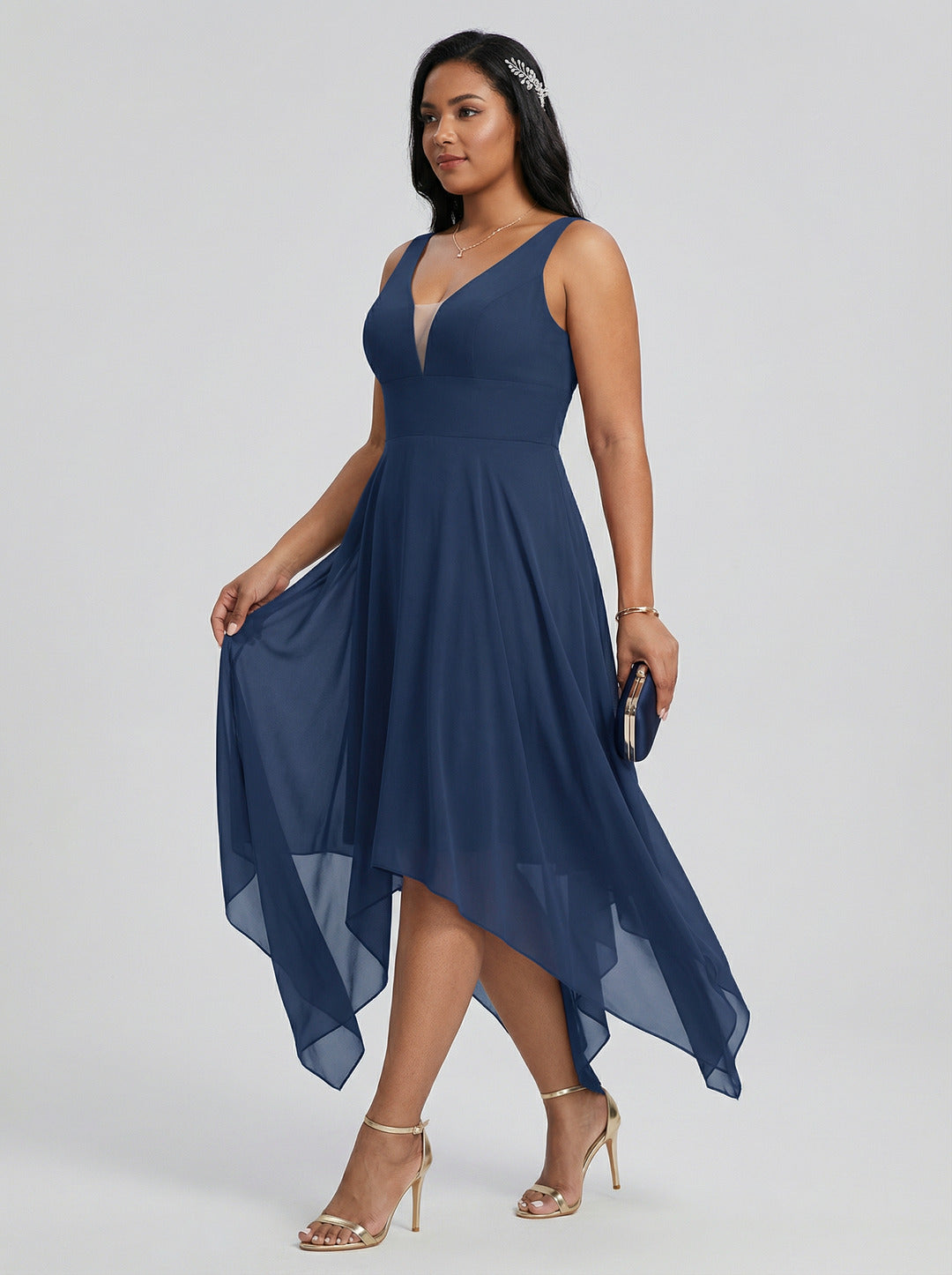 Simple Navy Blue Chiffon A-Line Sweetheart Back Zip with Sash Detail Asymmetrical Plus Size Bridesmaid Dress