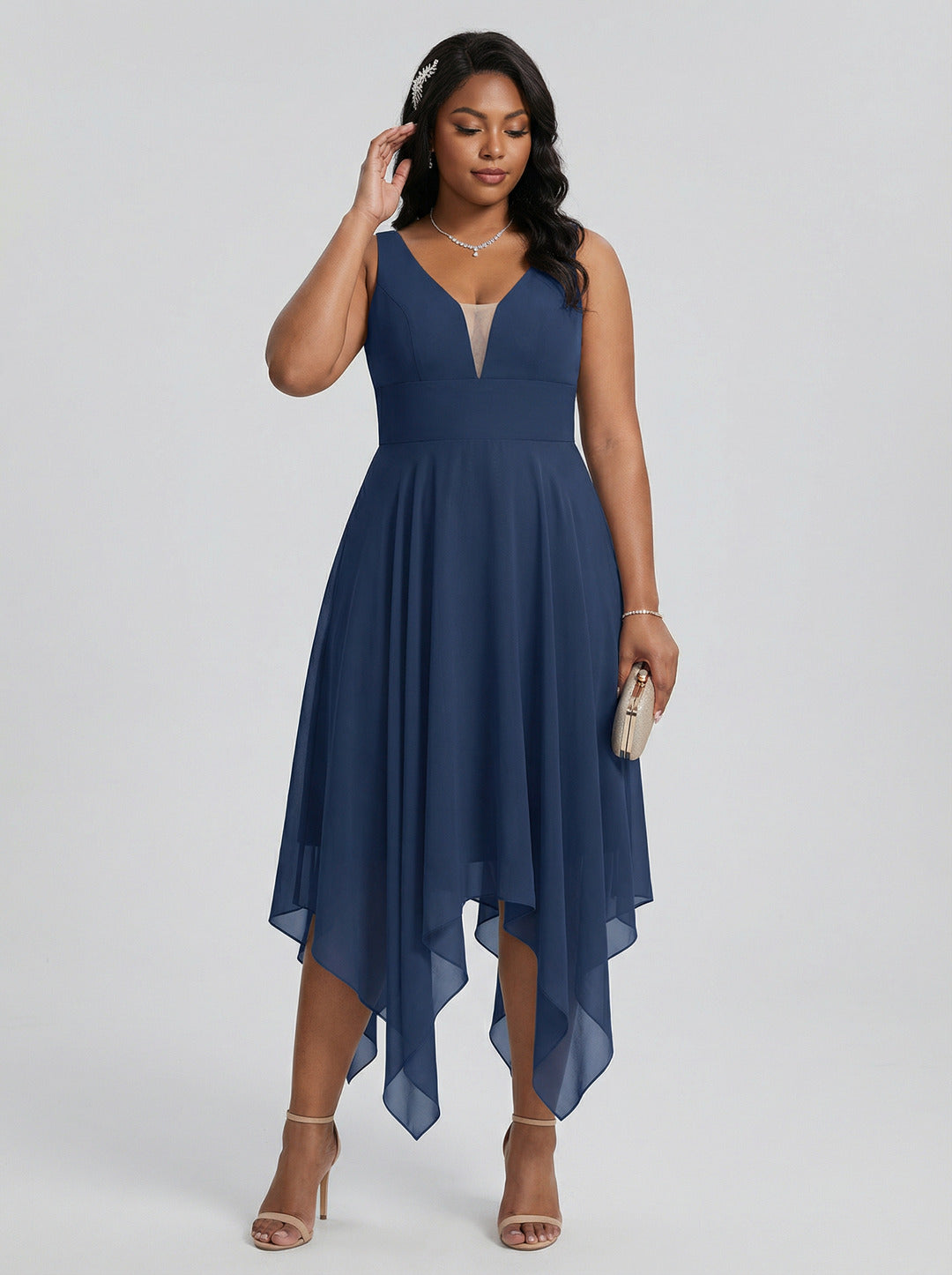 Simple Navy Blue Chiffon A-Line Sweetheart Back Zip with Sash Detail Asymmetrical Plus Size Bridesmaid Dress