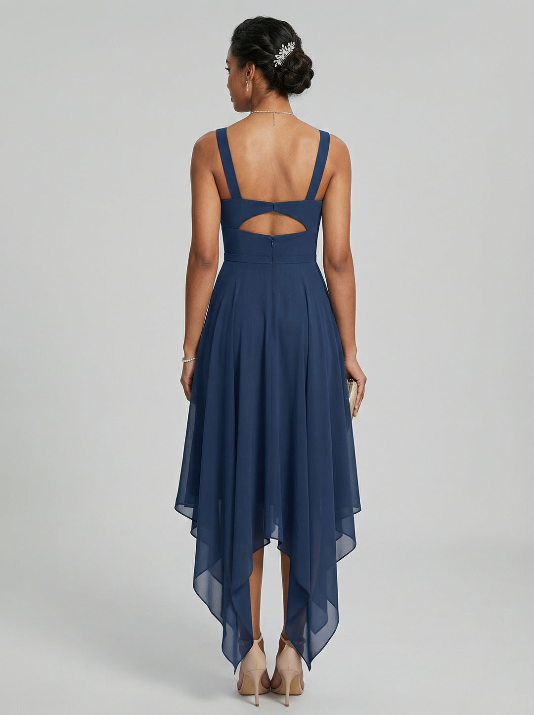 Simple Navy Blue Chiffon A-Line Sweetheart Back Zip with Sash Detail Asymmetrical Plus Size Bridesmaid Dress
