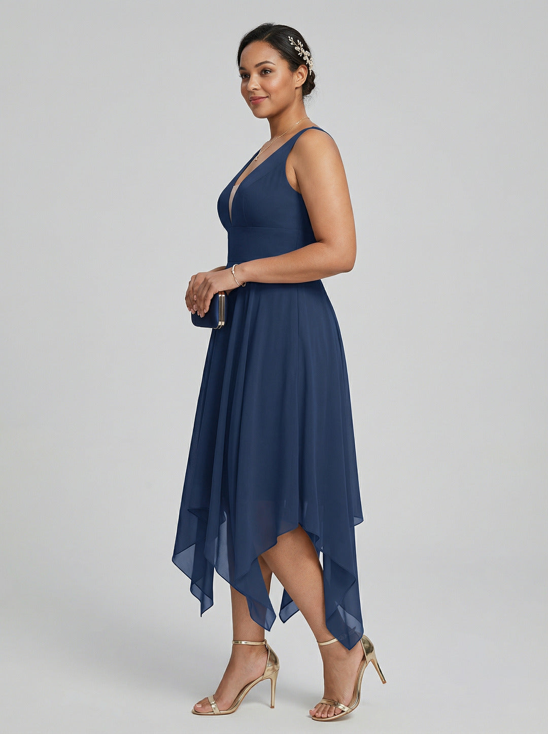Simple Navy Blue Chiffon A-Line Sweetheart Back Zip with Sash Detail Asymmetrical Plus Size Bridesmaid Dress