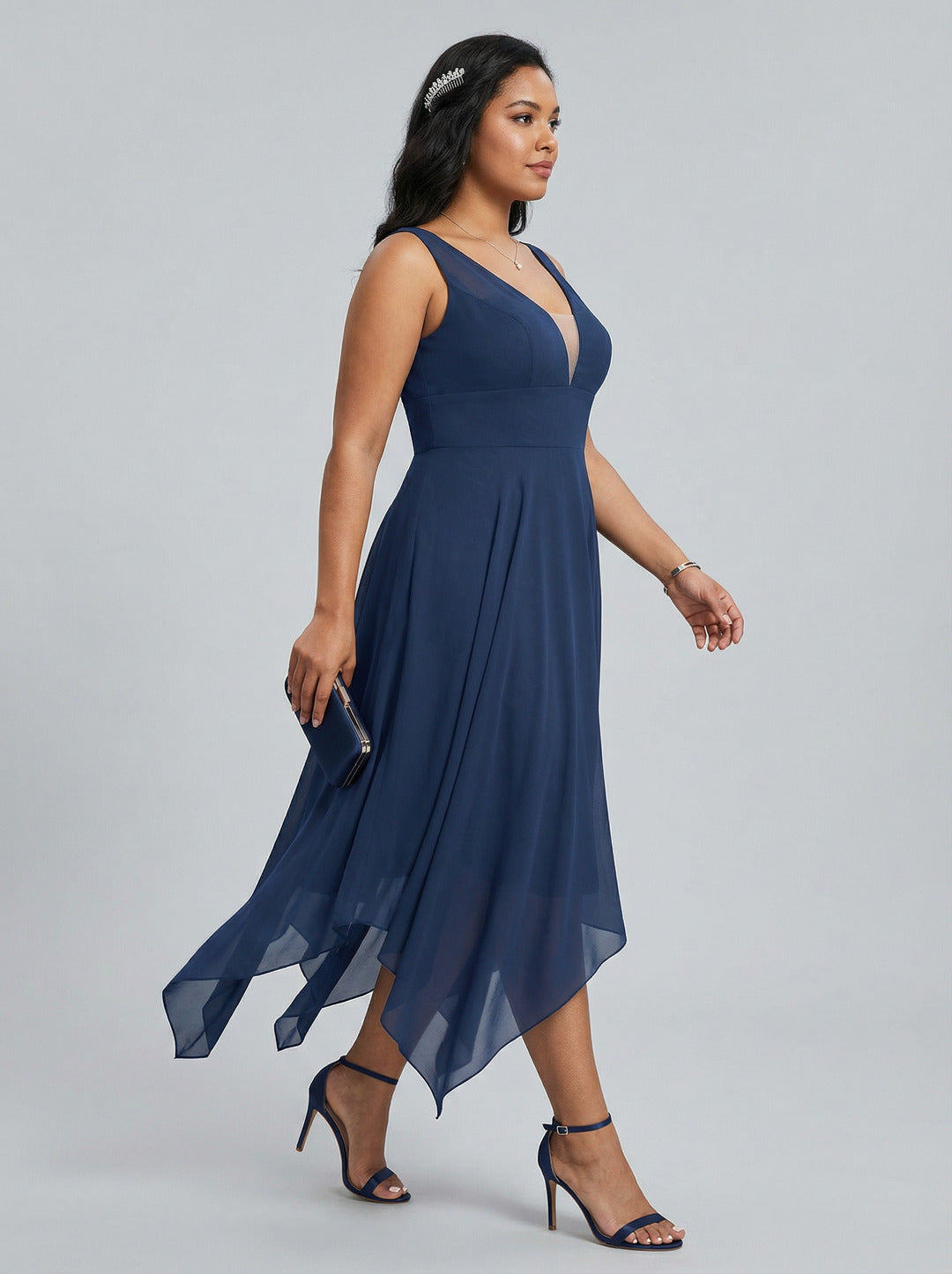 Simple Navy Blue Chiffon A-Line Sweetheart Back Zip with Sash Detail Asymmetrical Plus Size Bridesmaid Dress