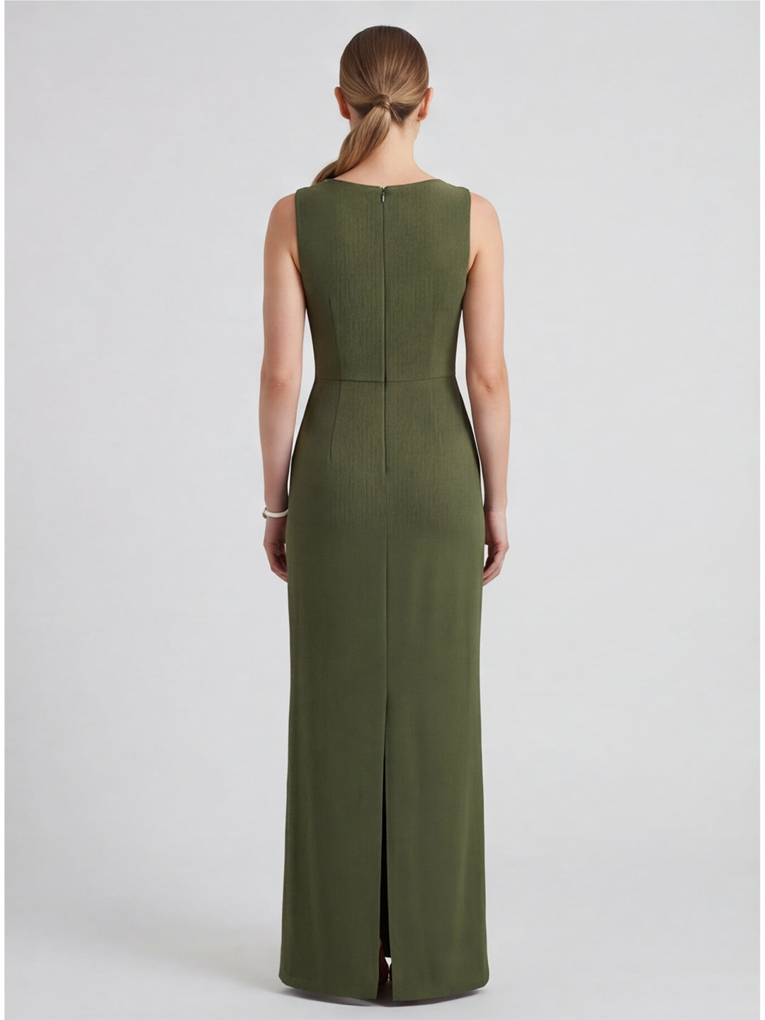 Simple Olive Green Stretch Crepe A-Line Scoop Neck Back Zip Ankle-Length Bridesmaid Dress