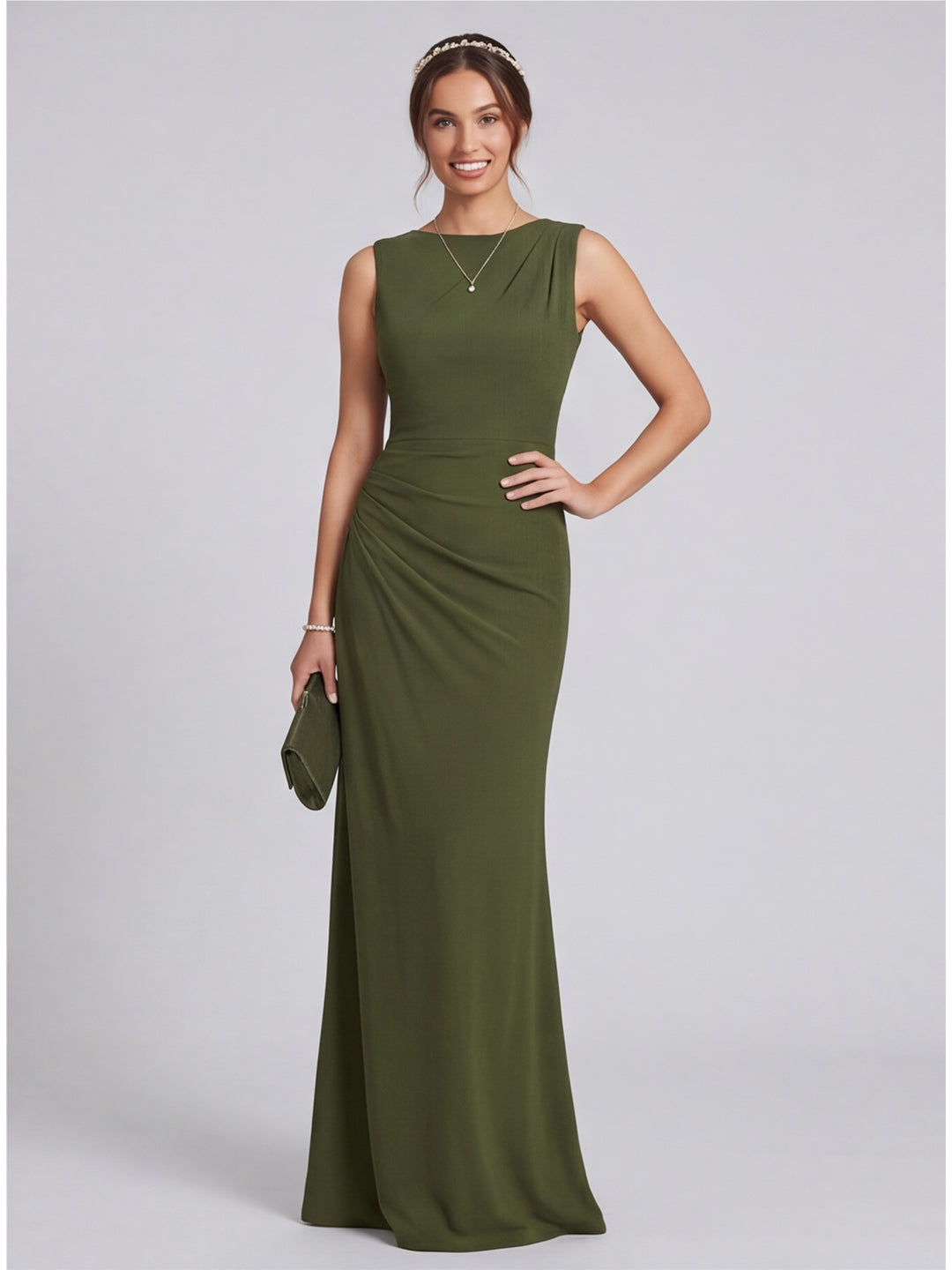 Simple Olive Green Stretch Crepe A-Line Scoop Neck Back Zip Ankle-Length Bridesmaid Dress