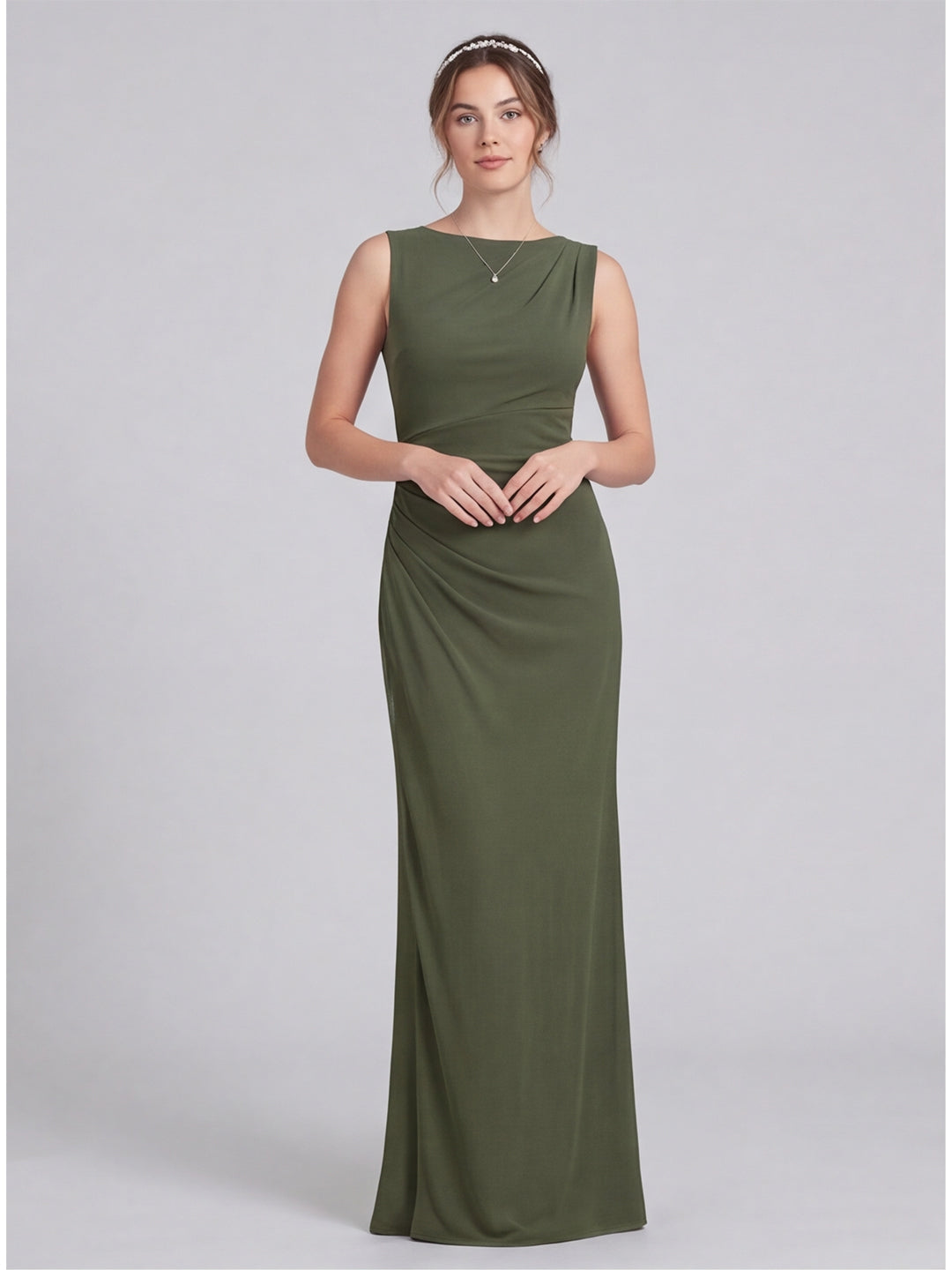 Simple Olive Green Stretch Crepe A-Line Scoop Neck Back Zip Ankle-Length Bridesmaid Dress