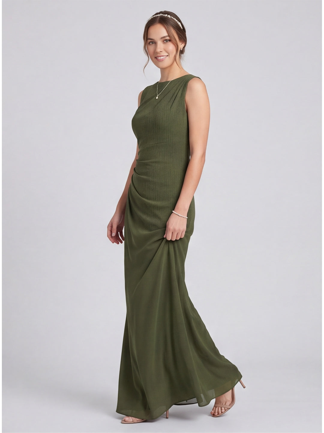 Simple Olive Green Stretch Crepe A-Line Scoop Neck Back Zip Ankle-Length Bridesmaid Dress