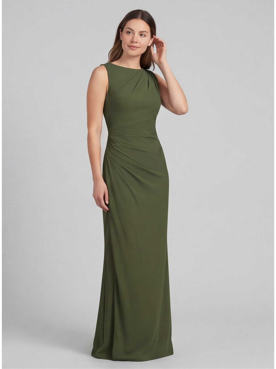 Simple Olive Green Stretch Crepe A-Line Scoop Neck Back Zip Ankle-Length Bridesmaid Dress