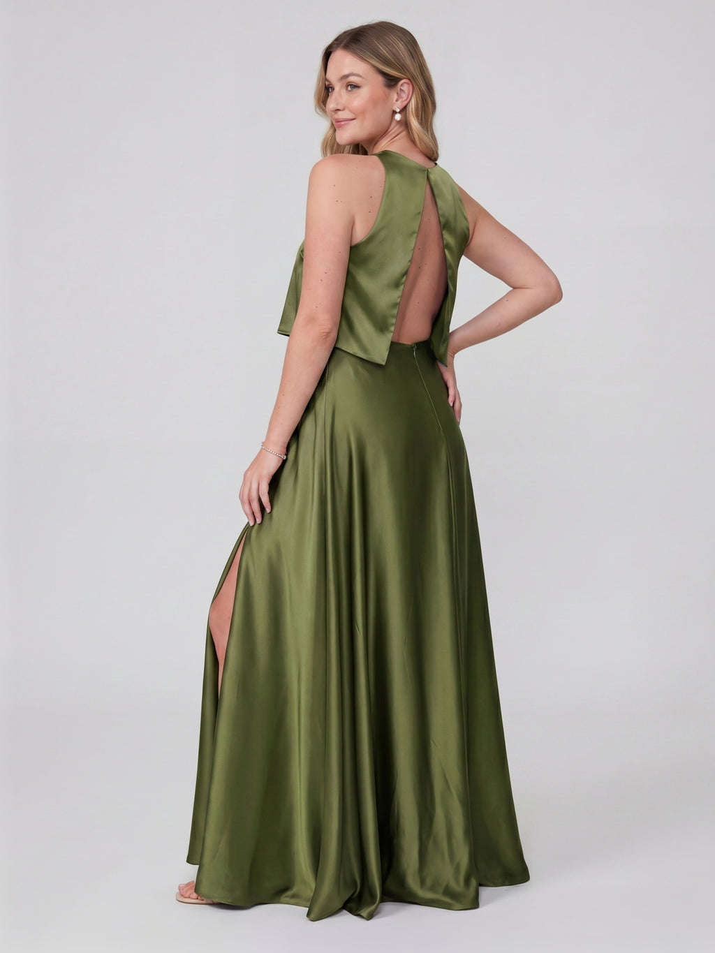 Simple Olive Green Satin A-Line Scoop Neck Backless Ankle-Length Bridesmaid Dress
