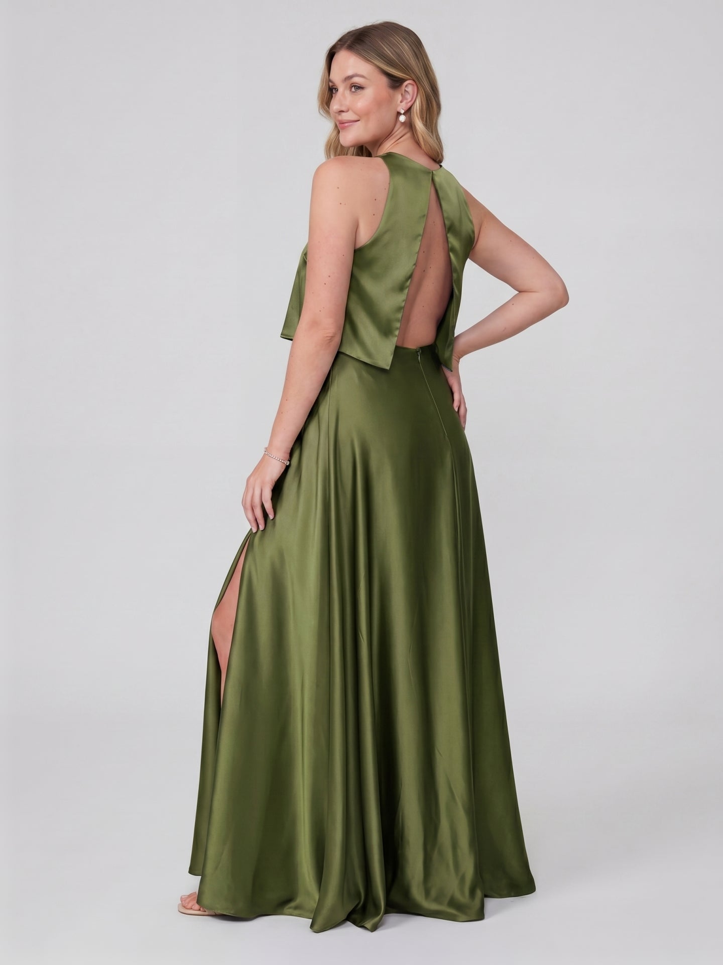 Simple Olive Green Satin A-Line Scoop Neck Backless Ankle-Length Bridesmaid Dress