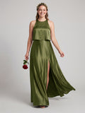 Simple Olive Green Satin A-Line Scoop Neck Backless Ankle-Length Bridesmaid Dress