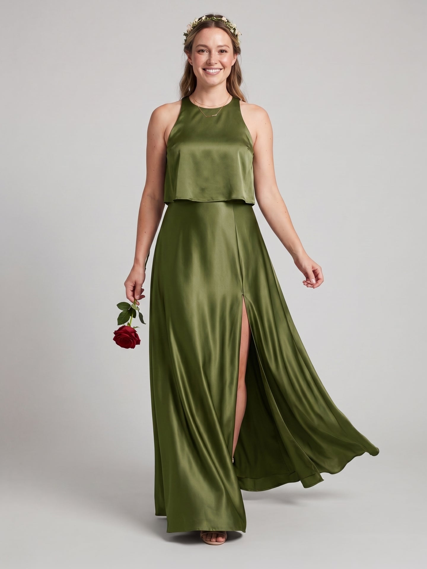 Simple Olive Green Satin A-Line Scoop Neck Backless Ankle-Length Bridesmaid Dress