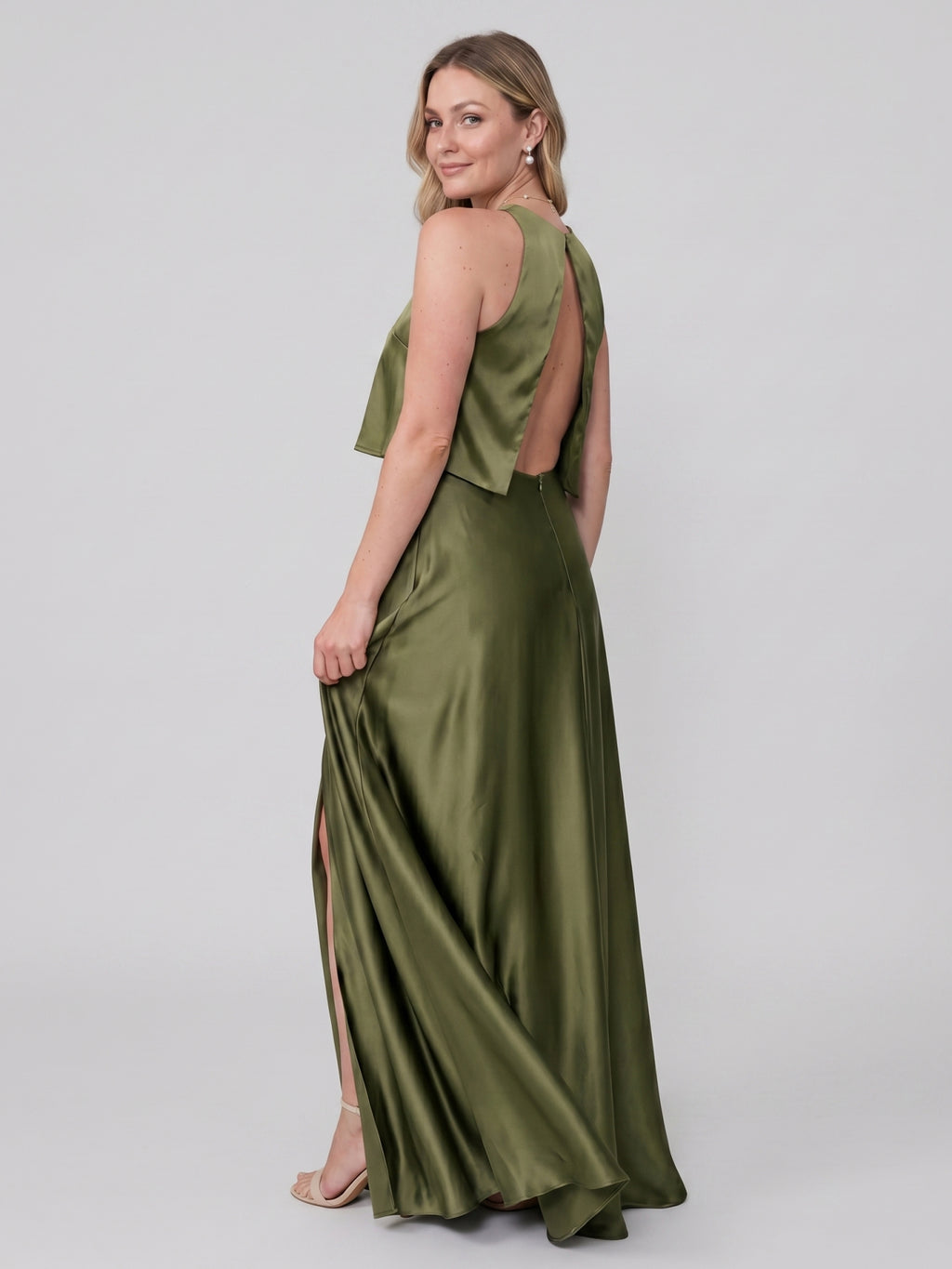Simple Olive Green Satin A-Line Scoop Neck Backless Ankle-Length Bridesmaid Dress