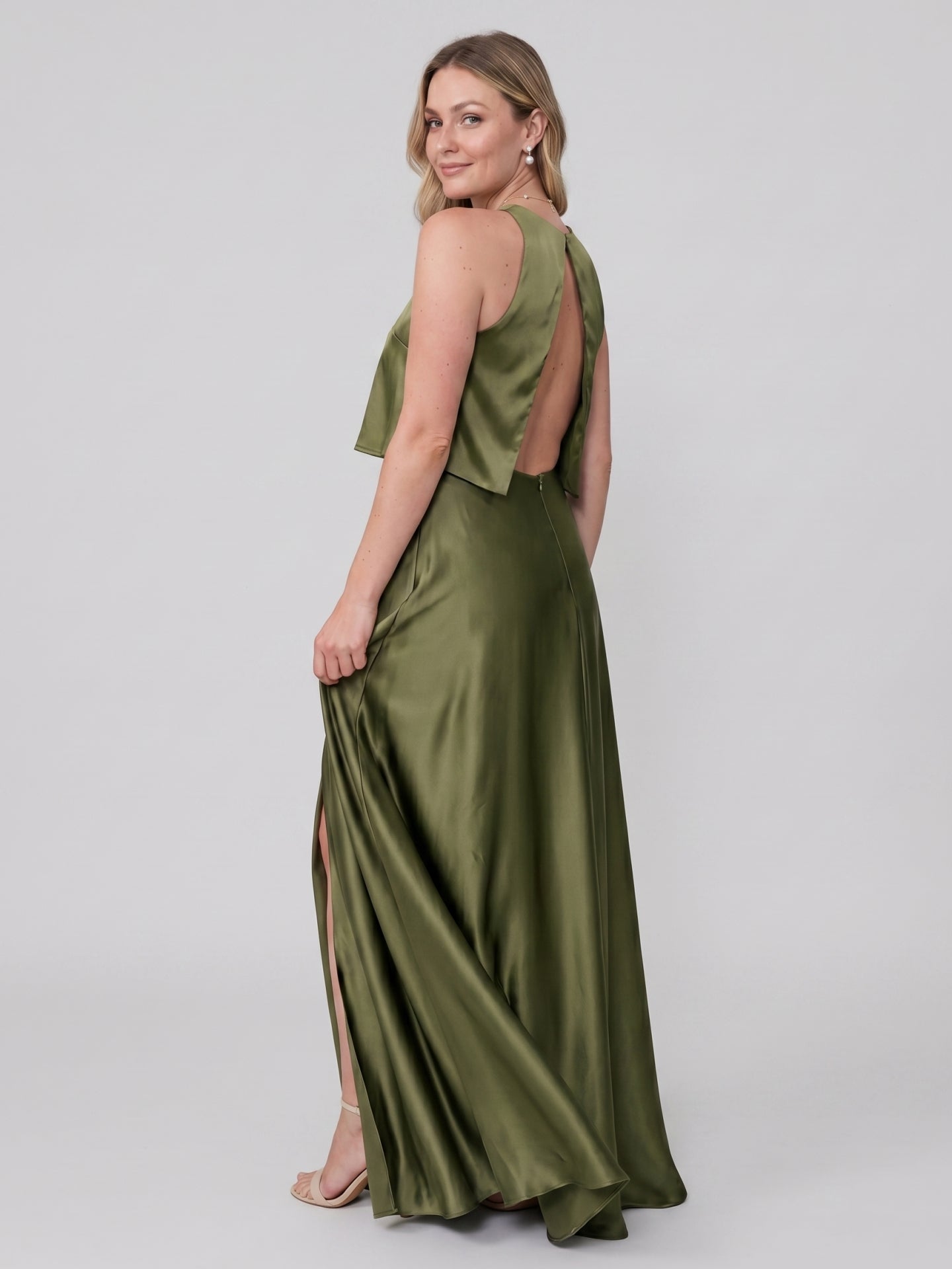 Simple Olive Green Satin A-Line Scoop Neck Backless Ankle-Length Bridesmaid Dress