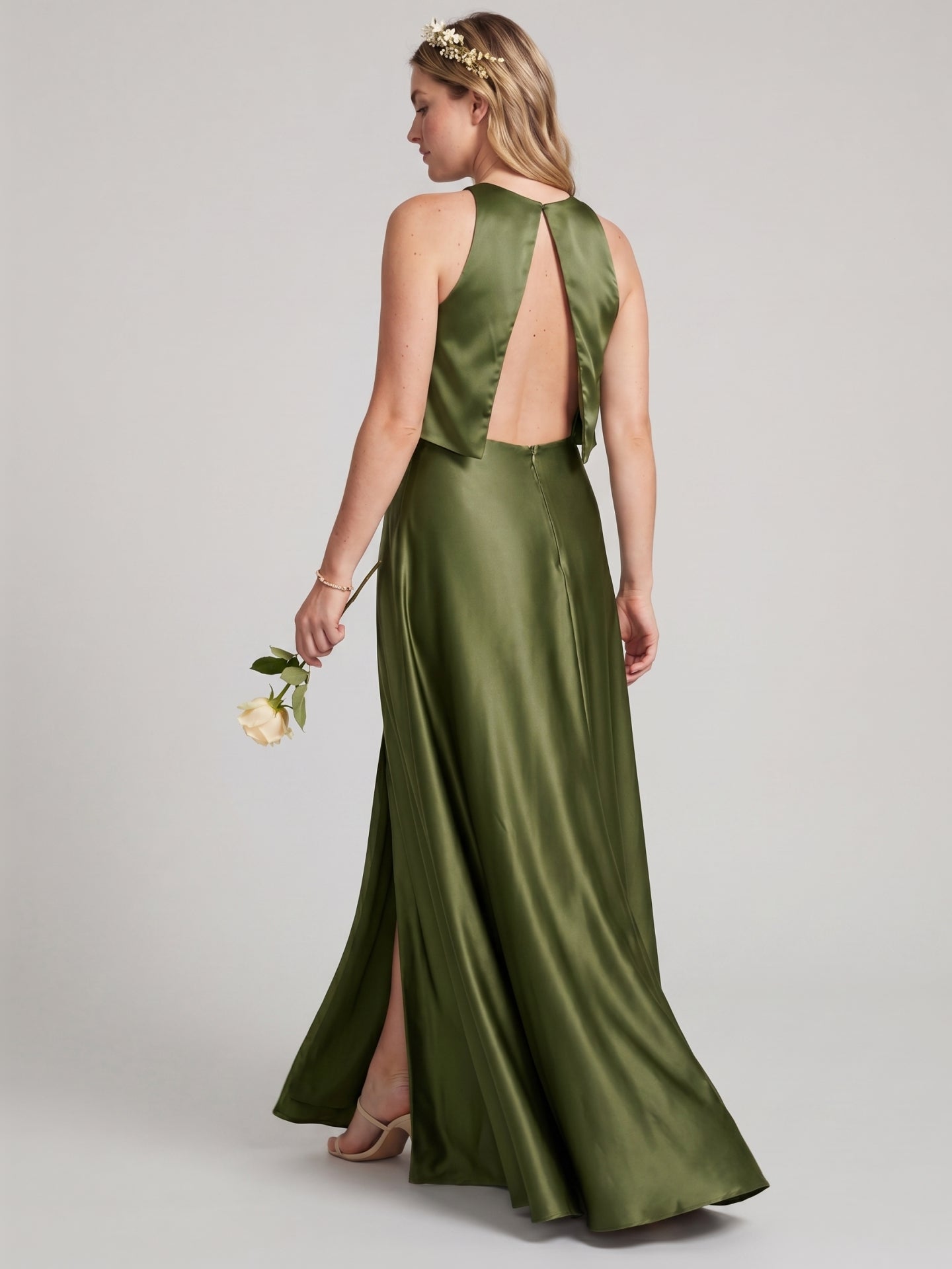 Simple Olive Green Satin A-Line Scoop Neck Backless Ankle-Length Bridesmaid Dress