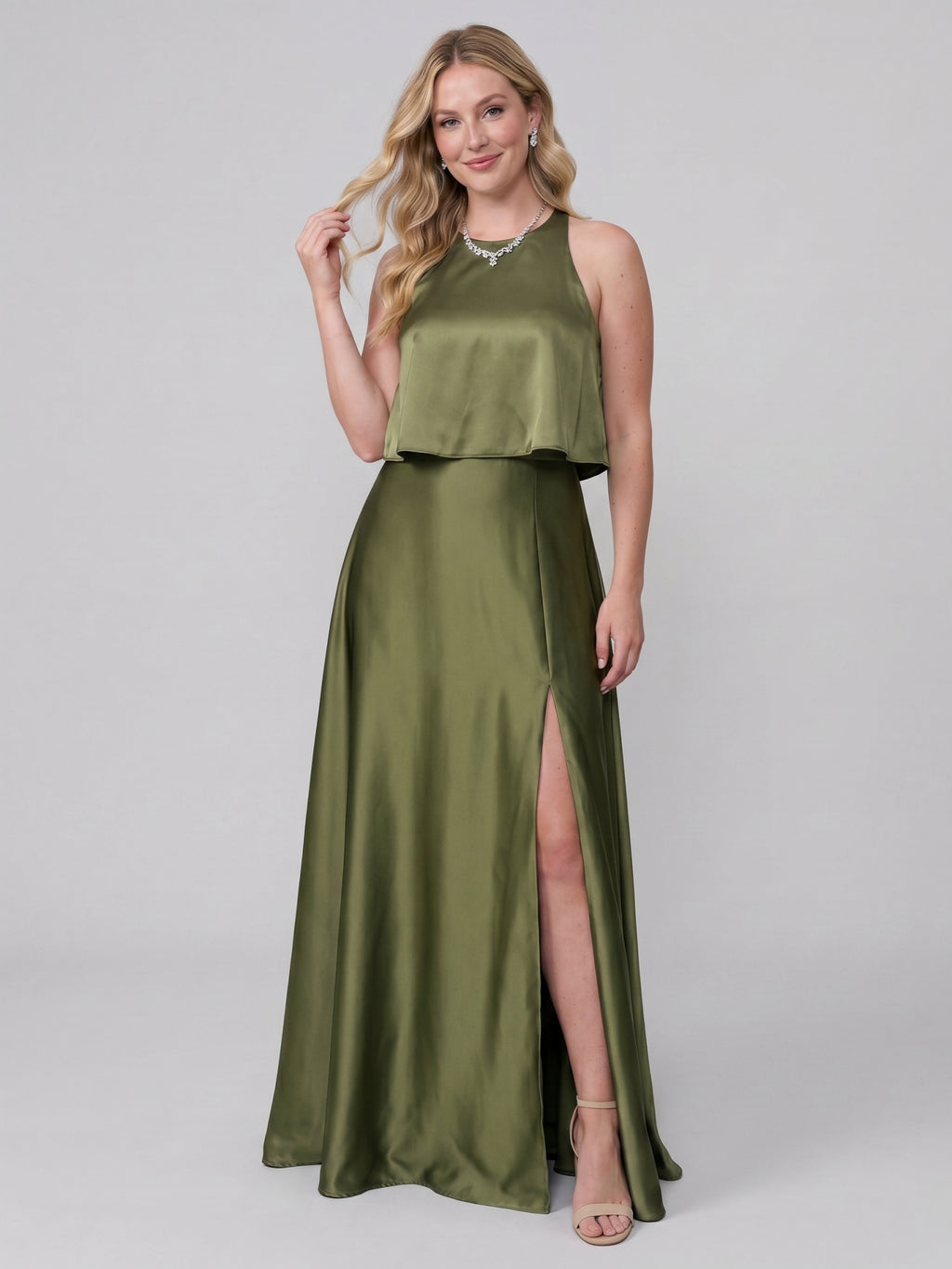 Simple Olive Green Satin A-Line Scoop Neck Backless Ankle-Length Bridesmaid Dress
