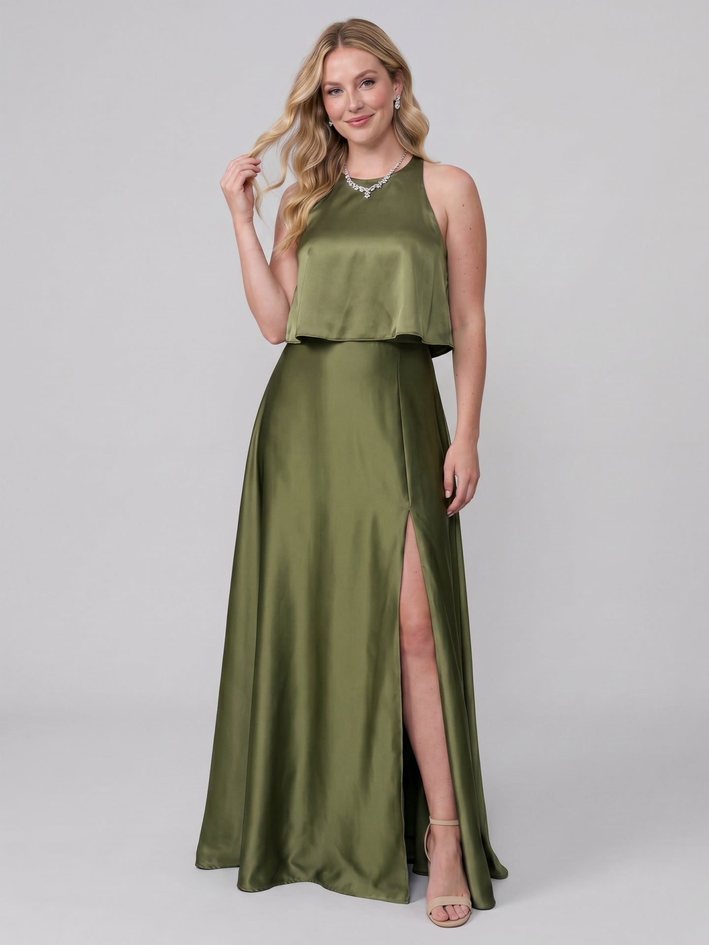 Simple Olive Green Satin A-Line Scoop Neck Backless Ankle-Length Bridesmaid Dress