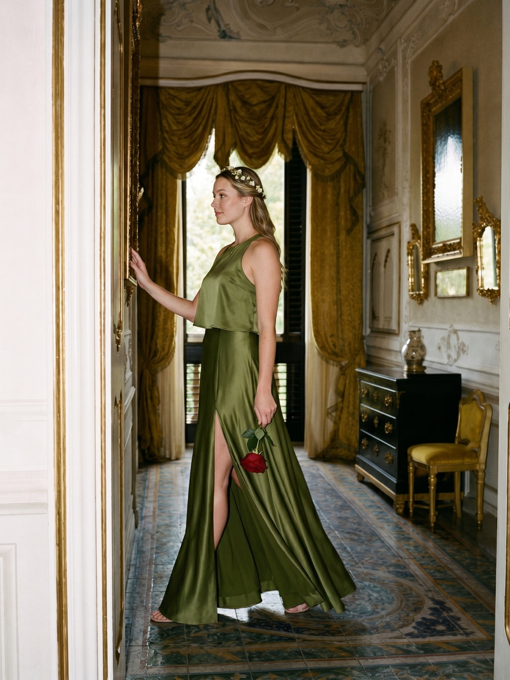 Simple Olive Green Satin A-Line Scoop Neck Backless Ankle-Length Bridesmaid Dress