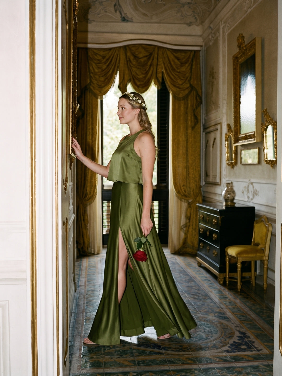 Simple Olive Green Satin A-Line Scoop Neck Backless Ankle-Length Bridesmaid Dress