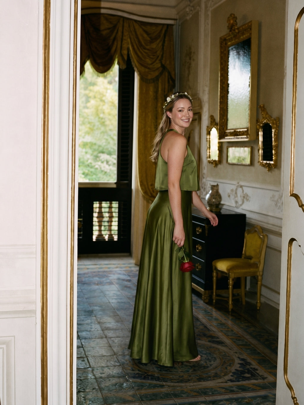 Simple Olive Green Satin A-Line Scoop Neck Backless Ankle-Length Bridesmaid Dress