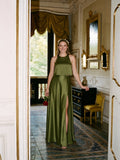 Simple Olive Green Satin A-Line Scoop Neck Backless Ankle-Length Bridesmaid Dress