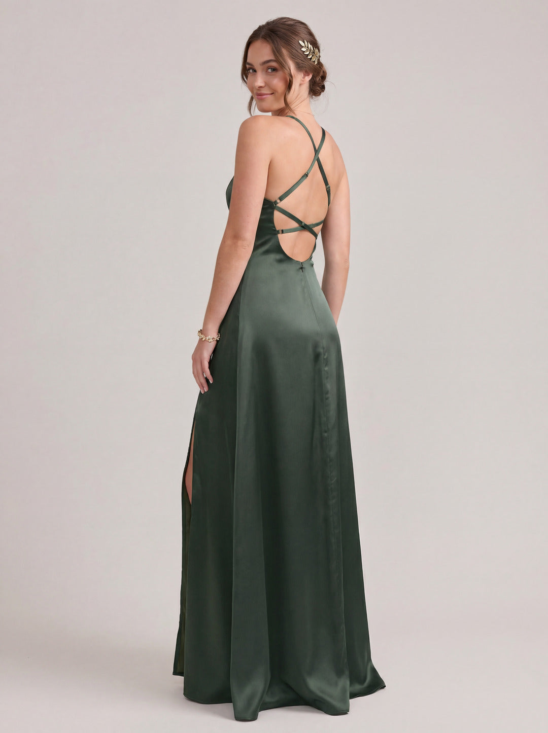 Simple Olive Green Satin V-Neck Criss-Cross Straps Ankle-Length Bridesmaid Dress