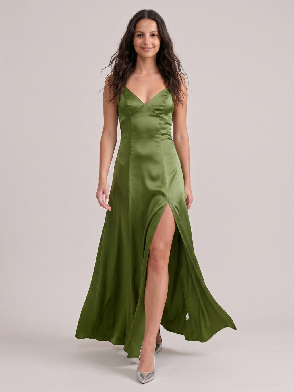 Simple Olive Green Satin V-Neck Criss-Cross Straps Ankle-Length Bridesmaid Dress