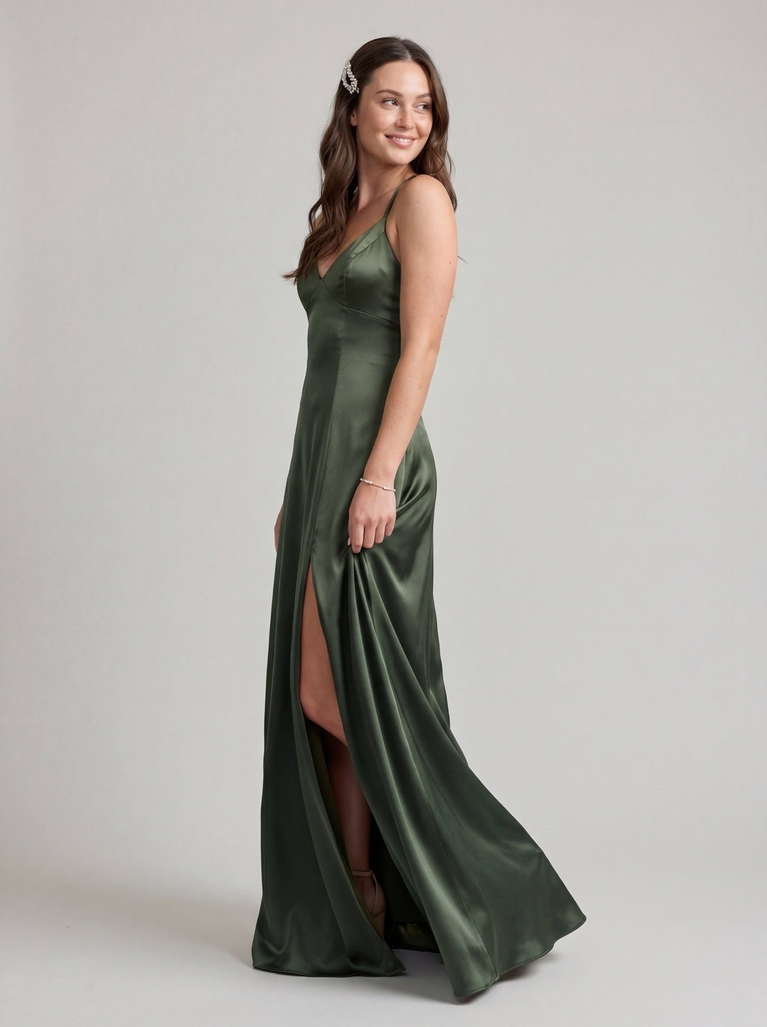 Simple Olive Green Satin V-Neck Criss-Cross Straps Ankle-Length Bridesmaid Dress
