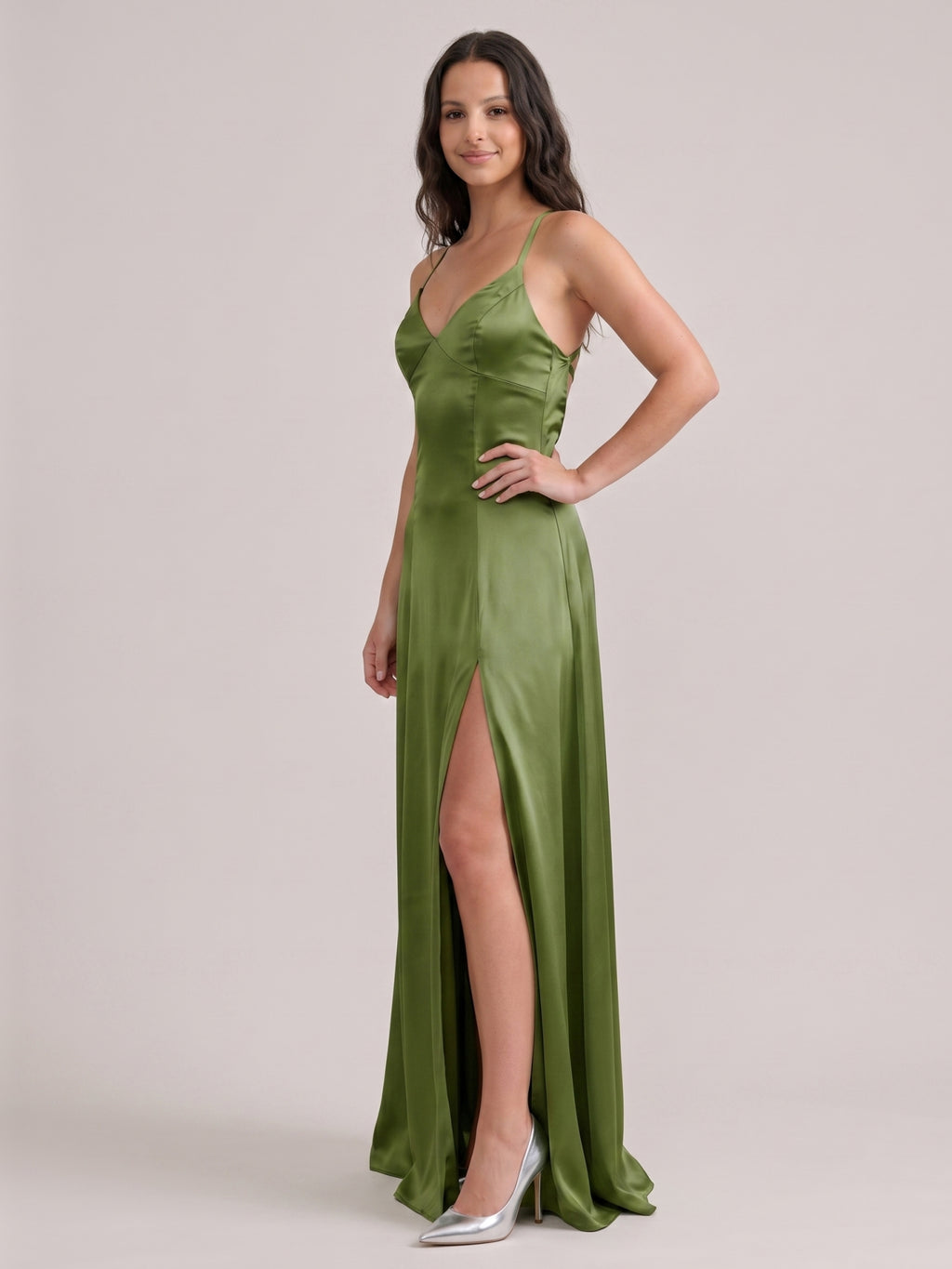Simple Olive Green Satin V-Neck Criss-Cross Straps Ankle-Length Bridesmaid Dress